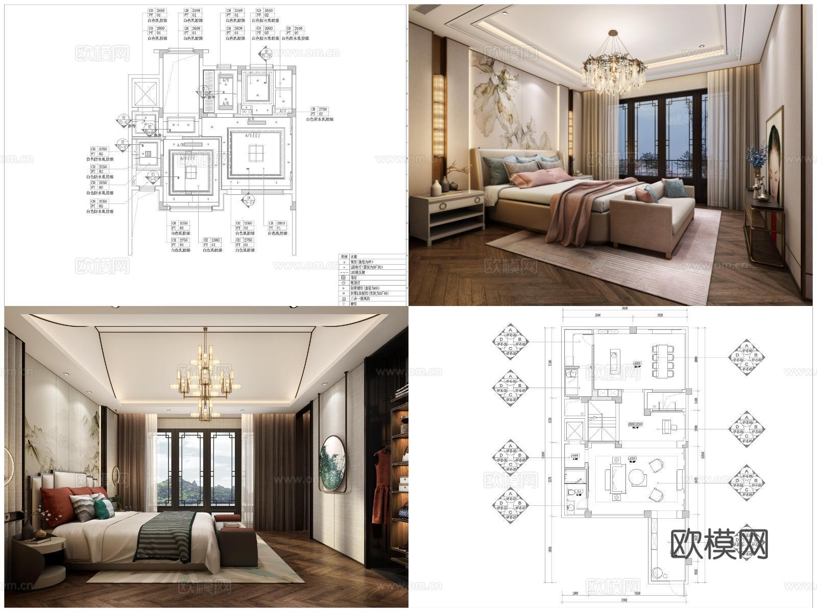 2套新中式样板间 最新全套 效果图 施工图设计cad施工图下载（渲染图2）