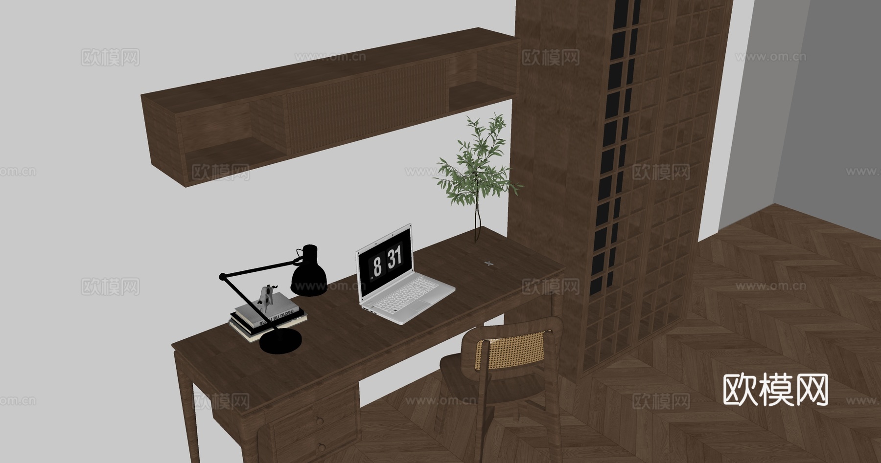 新中式书桌椅组合 摆件组合 书桌su模型