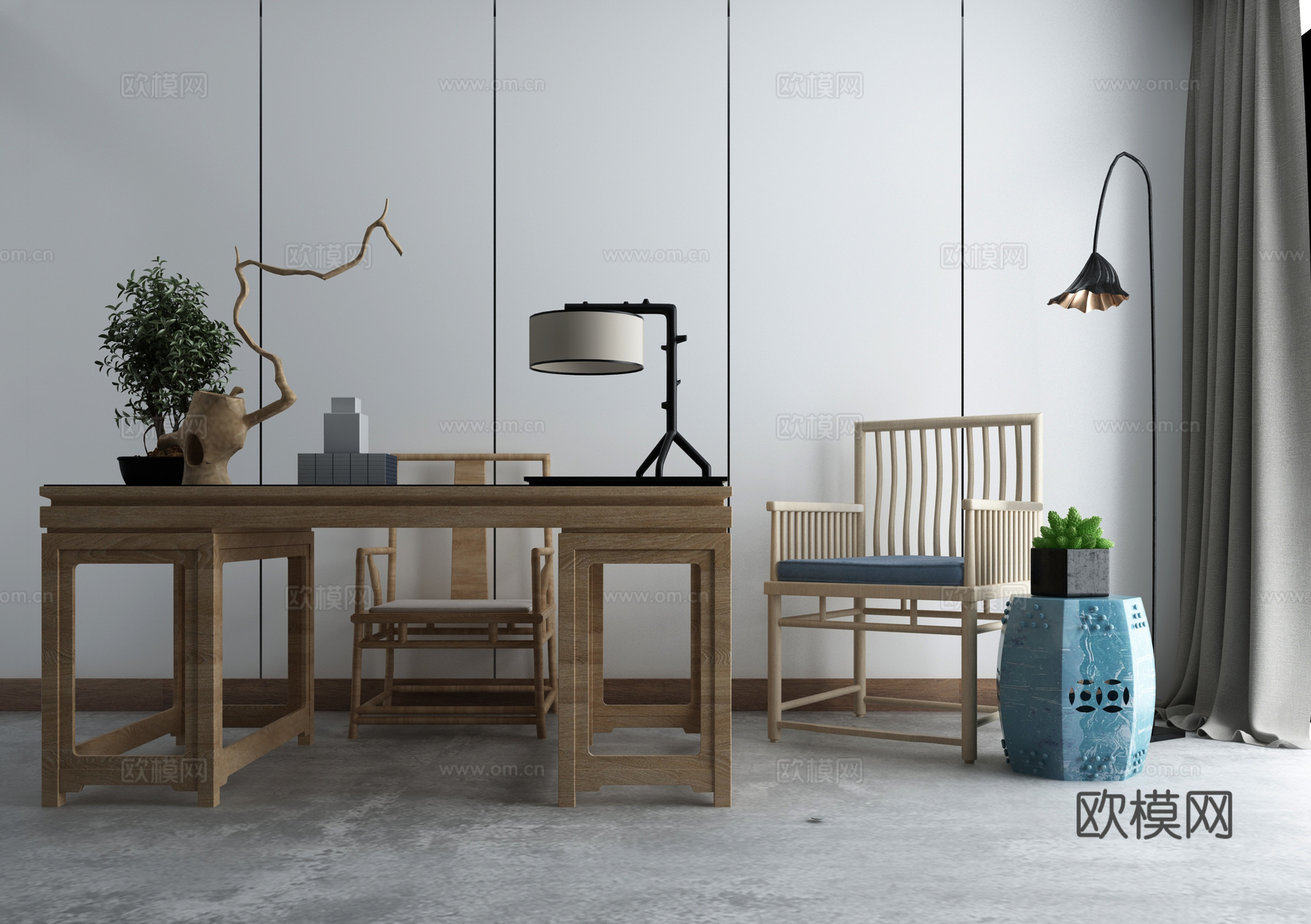 中式茶桌椅沙发茶几组合3d模型下载（渲染图2）