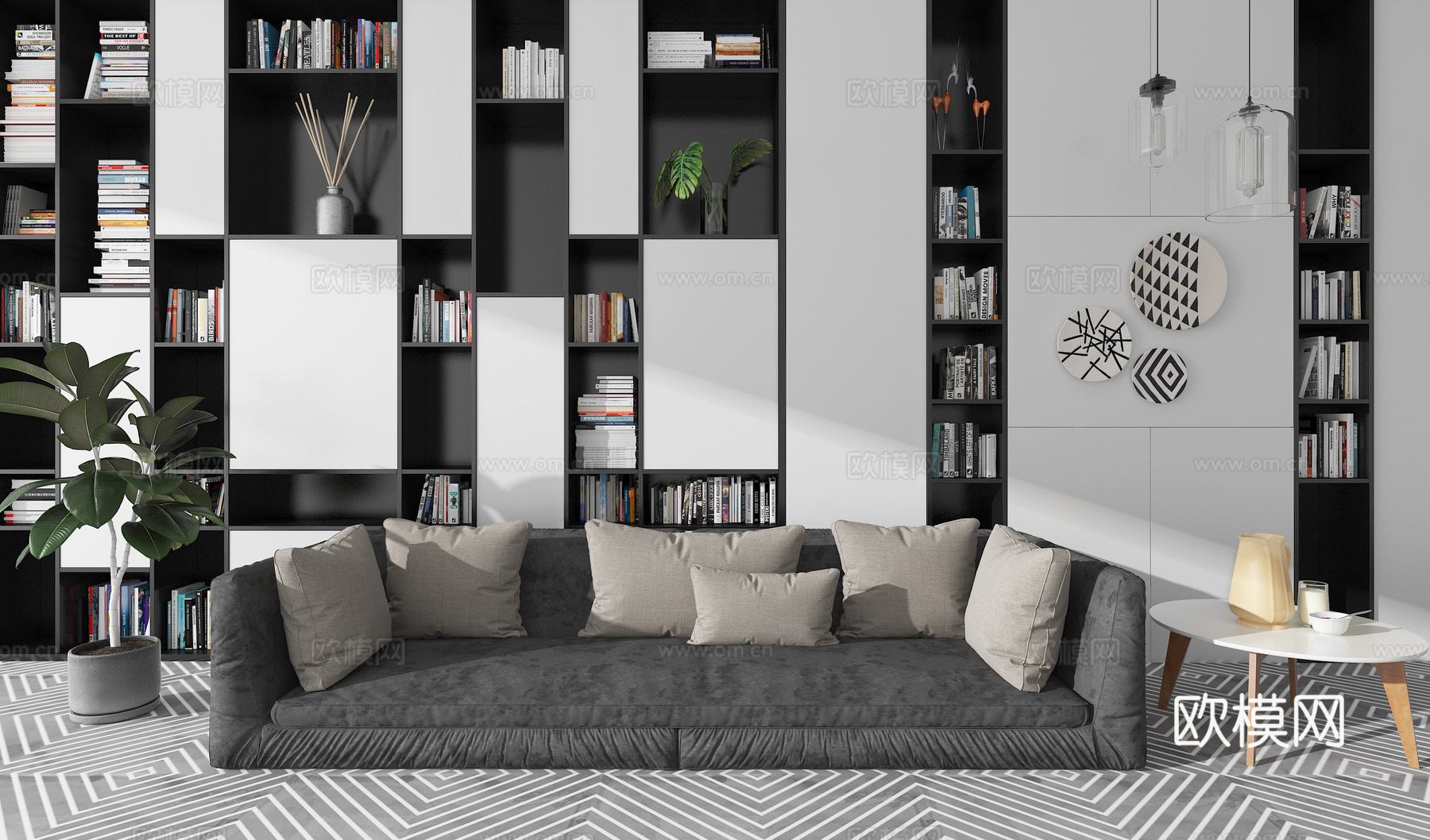 现代沙发书柜组合3d模型下载（渲染图1）