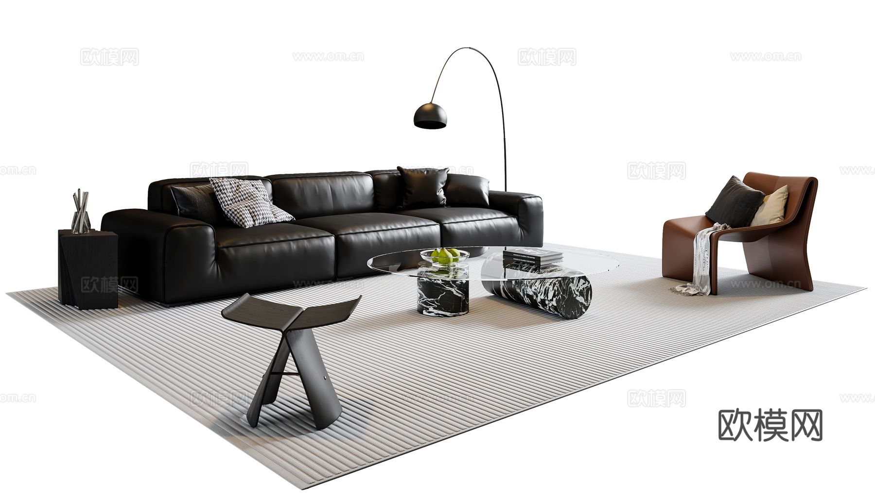 现代意式沙发茶几组合 三人沙发 皮质沙发 休闲椅 地毯su模型