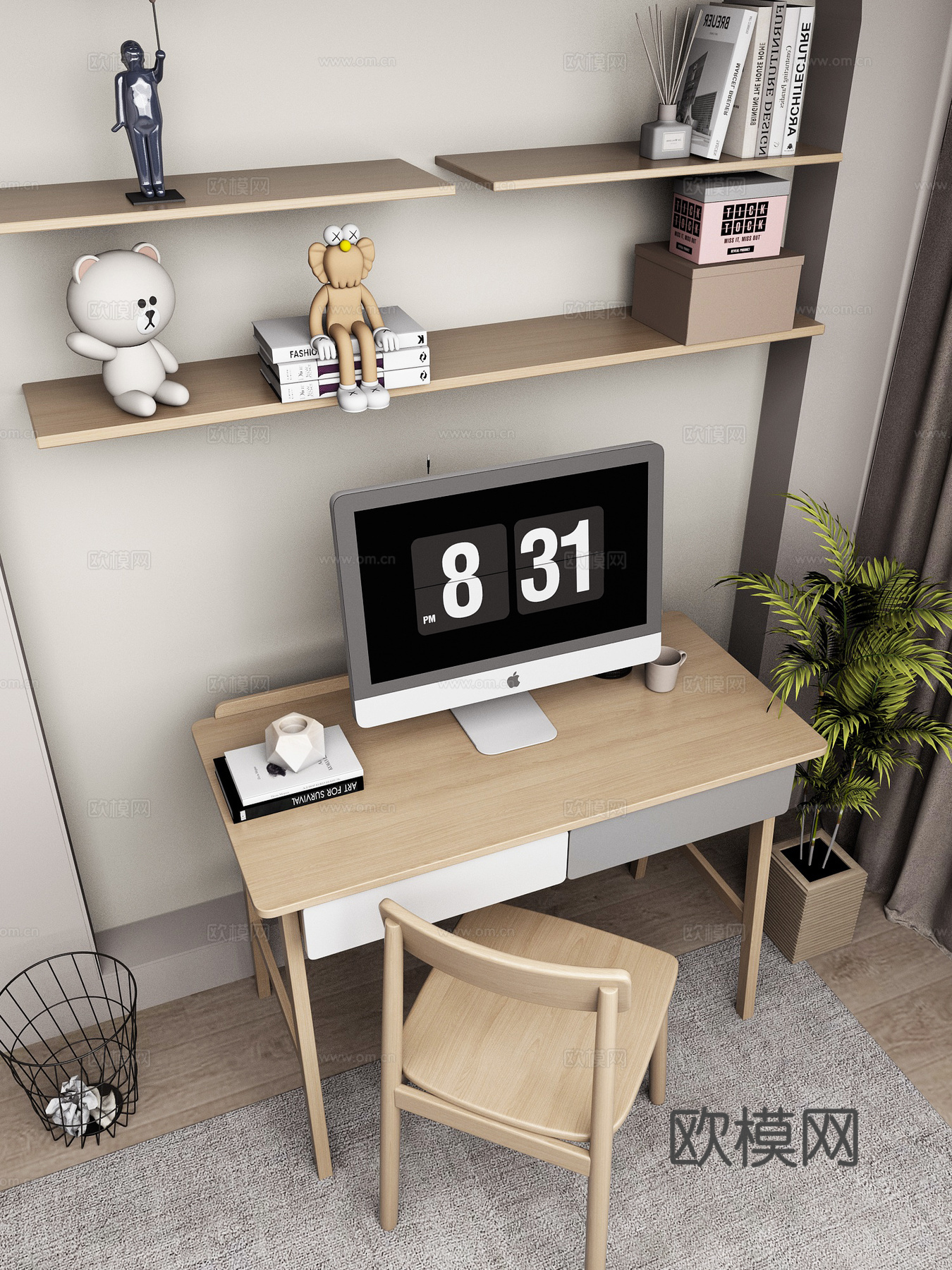 现代书桌椅组合 摆件组合 书桌 书架su模型