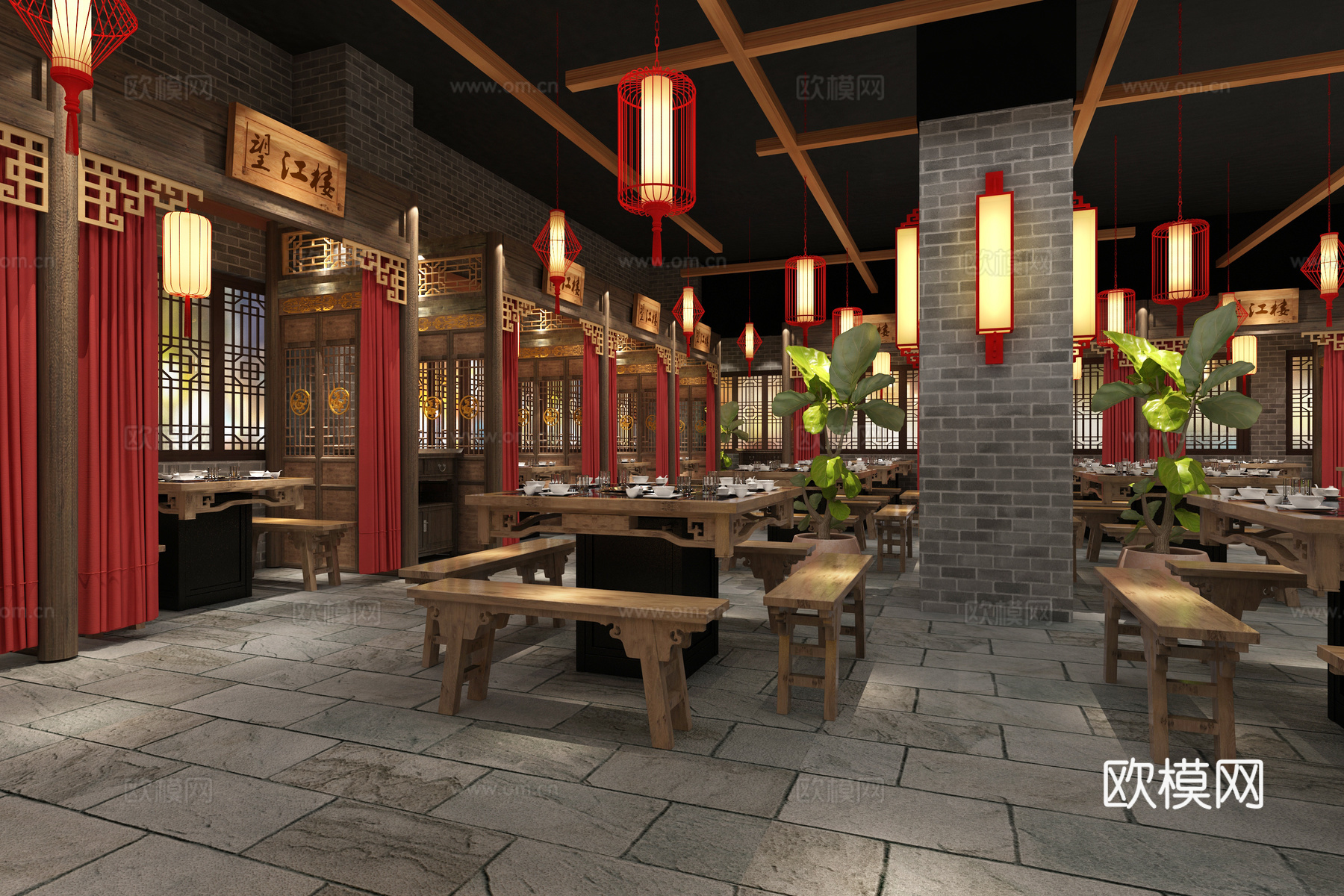 新中式主题火锅店 吊灯灯笼 壁灯 门 绿植 桌椅板凳 花3d模型下载（渲染图2）