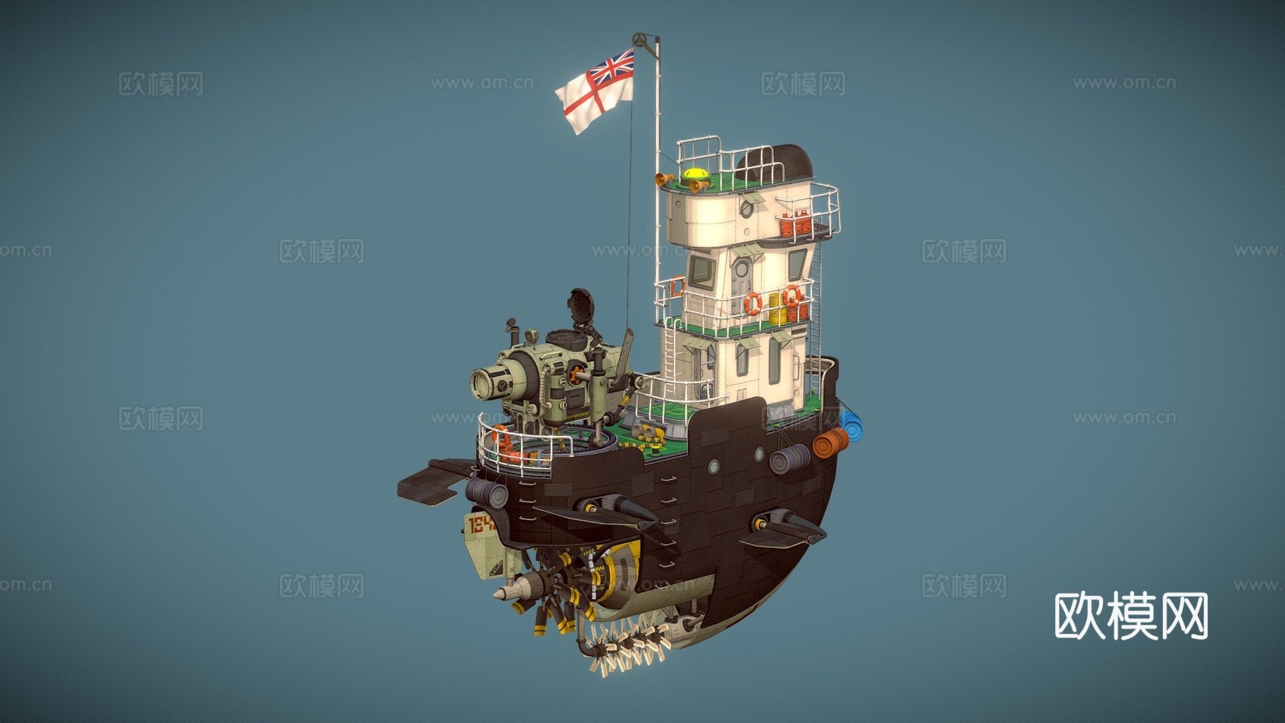 低多边形柴油朋克气垫船-炮艇3d模型下载（渲染图1）