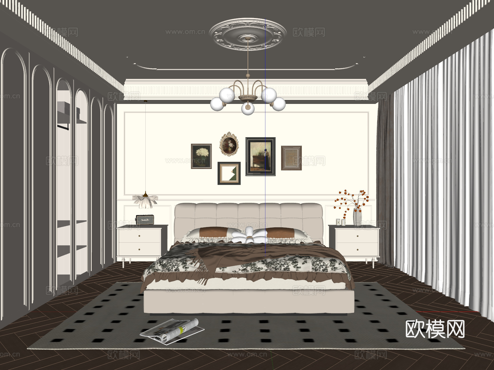 法式奶油风卧室 布艺双人床 床头柜 吊灯 挂画 地毯su模型