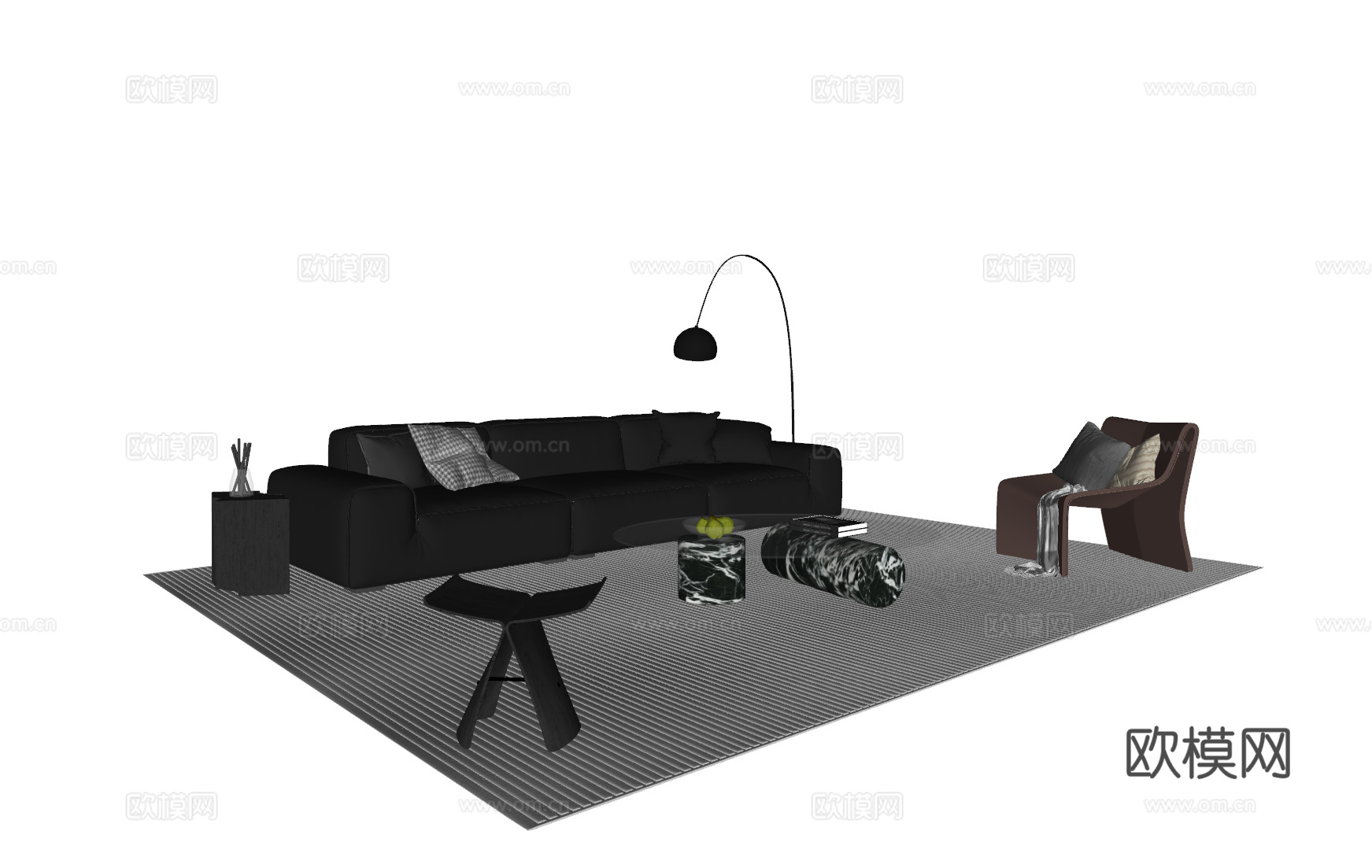 现代意式沙发茶几组合 三人沙发 皮质沙发 休闲椅 地毯su模型