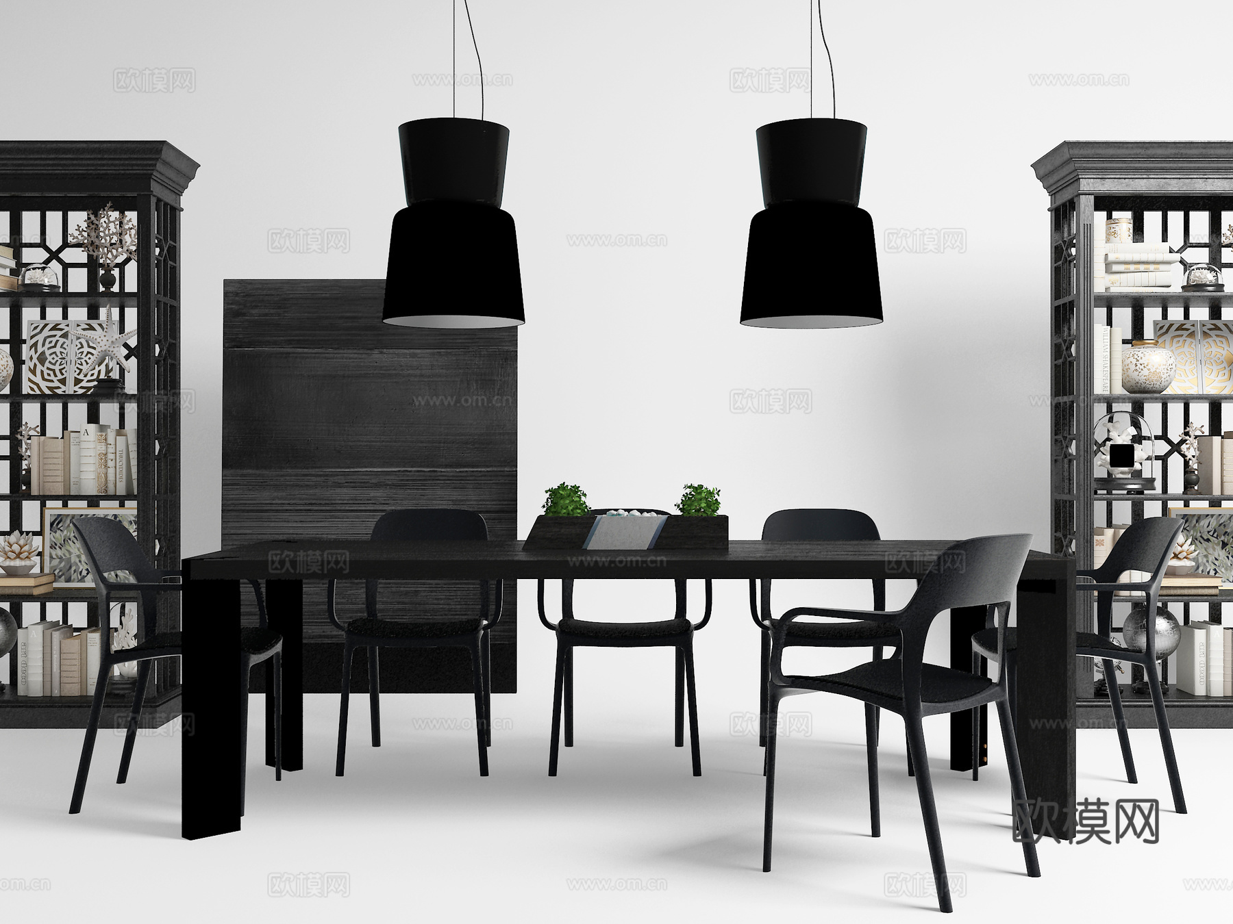 现代餐桌椅 书柜装饰3d模型下载（渲染图2）