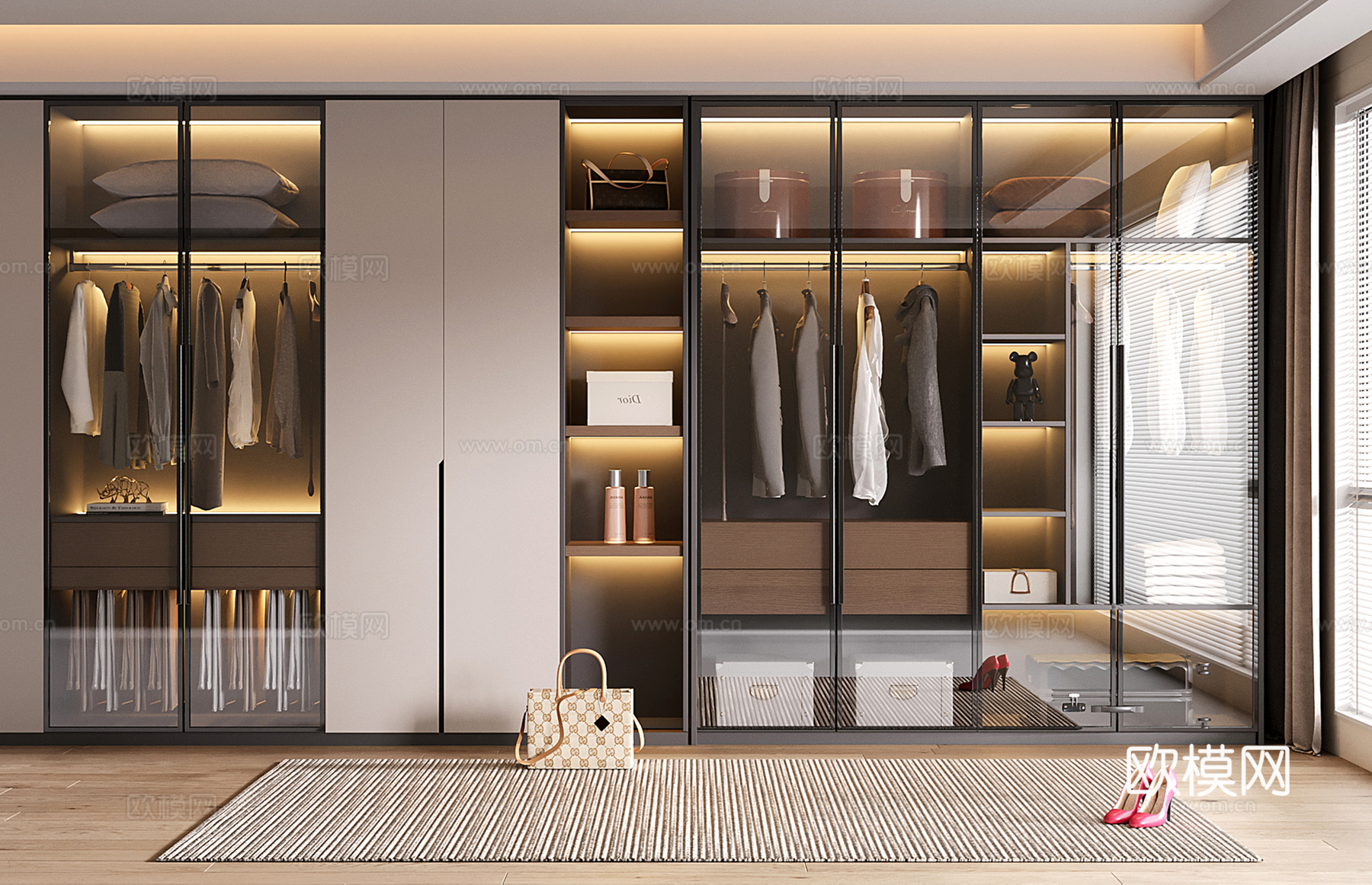 现代定制衣柜 玻璃衣柜su模型