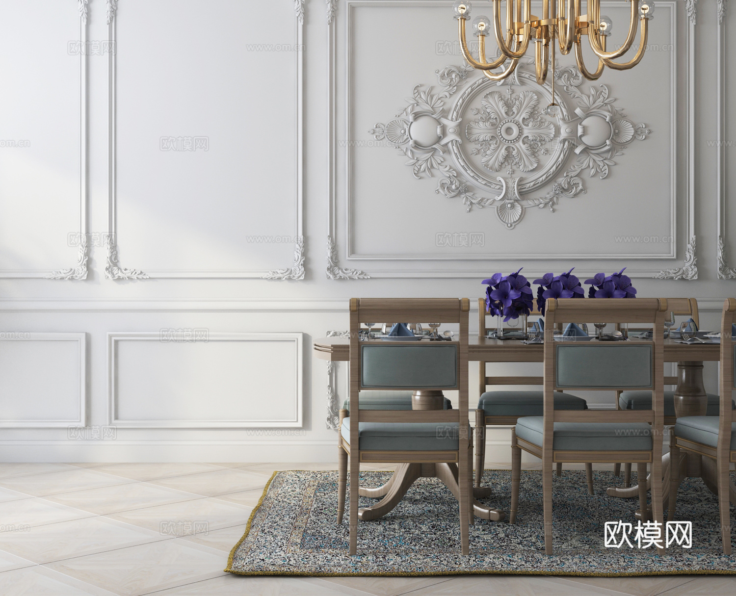 欧式餐桌餐椅 餐具 墙饰 雕花 灯具 盆栽组合3d模型下载（渲染图1）