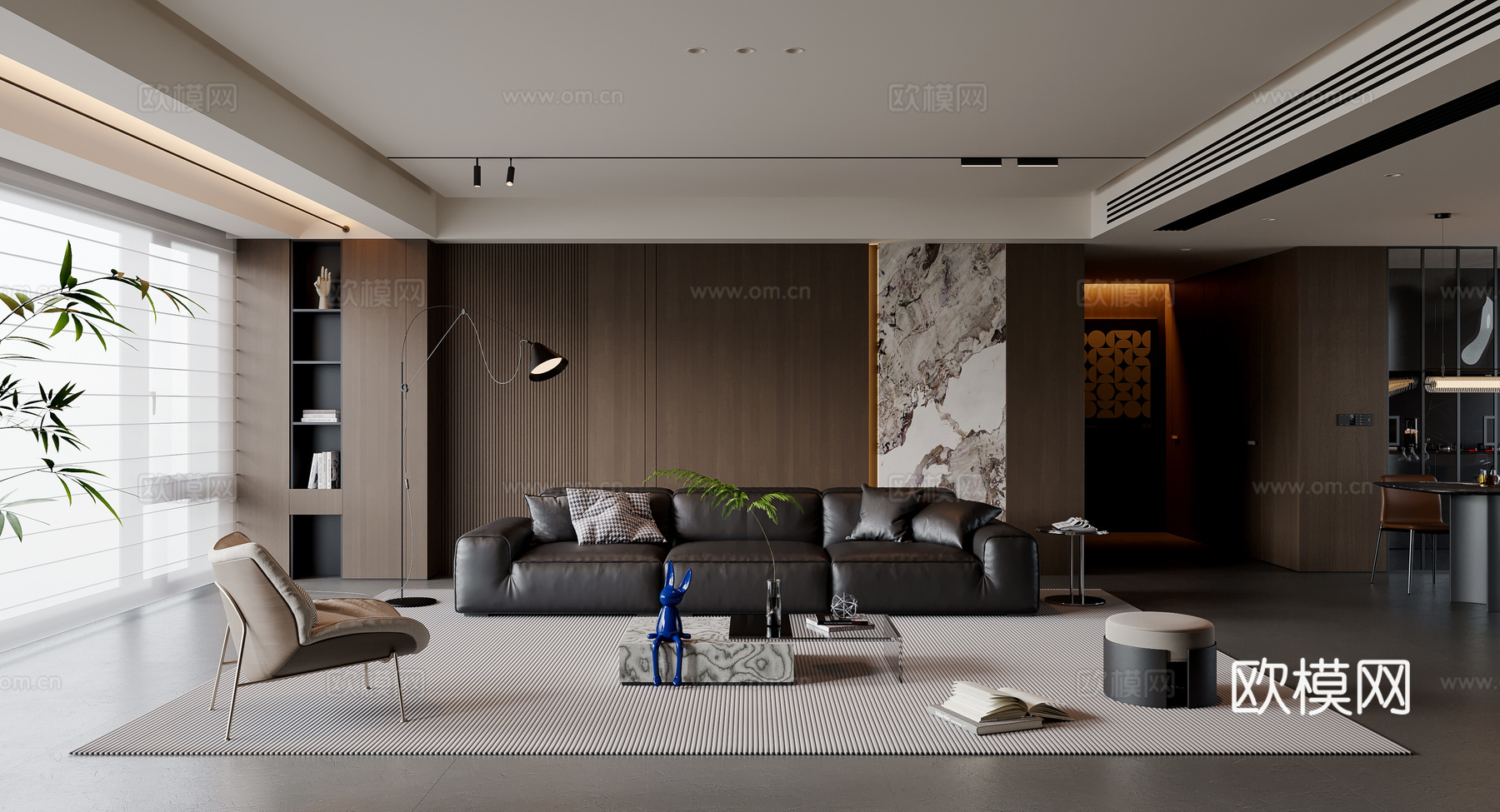 现代意式客厅 沙发茶几 三人沙发 休闲椅 落地灯 地毯su模型