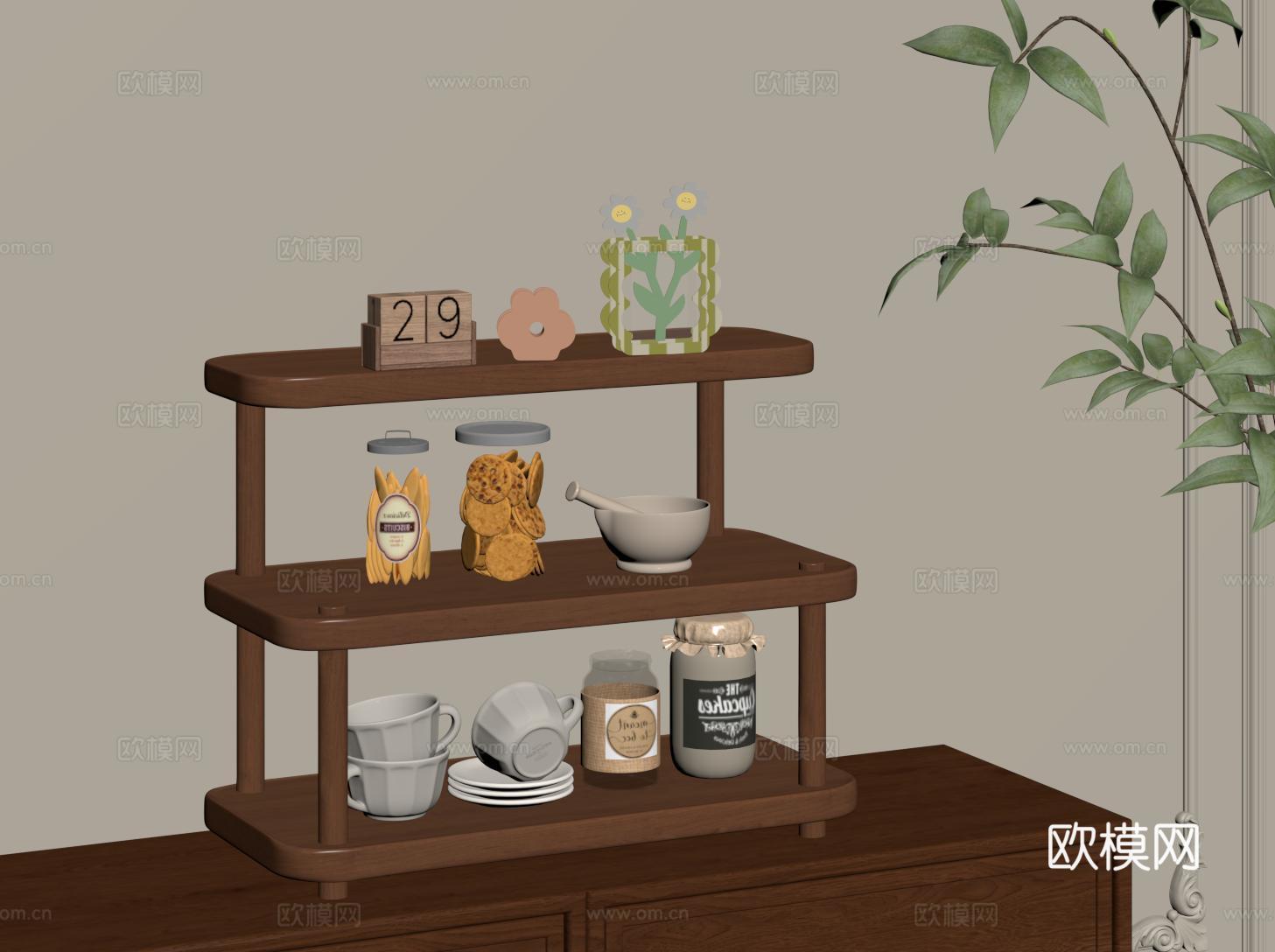 现代置物架 中古收纳架 装饰架 三层展示架 杯架su模型