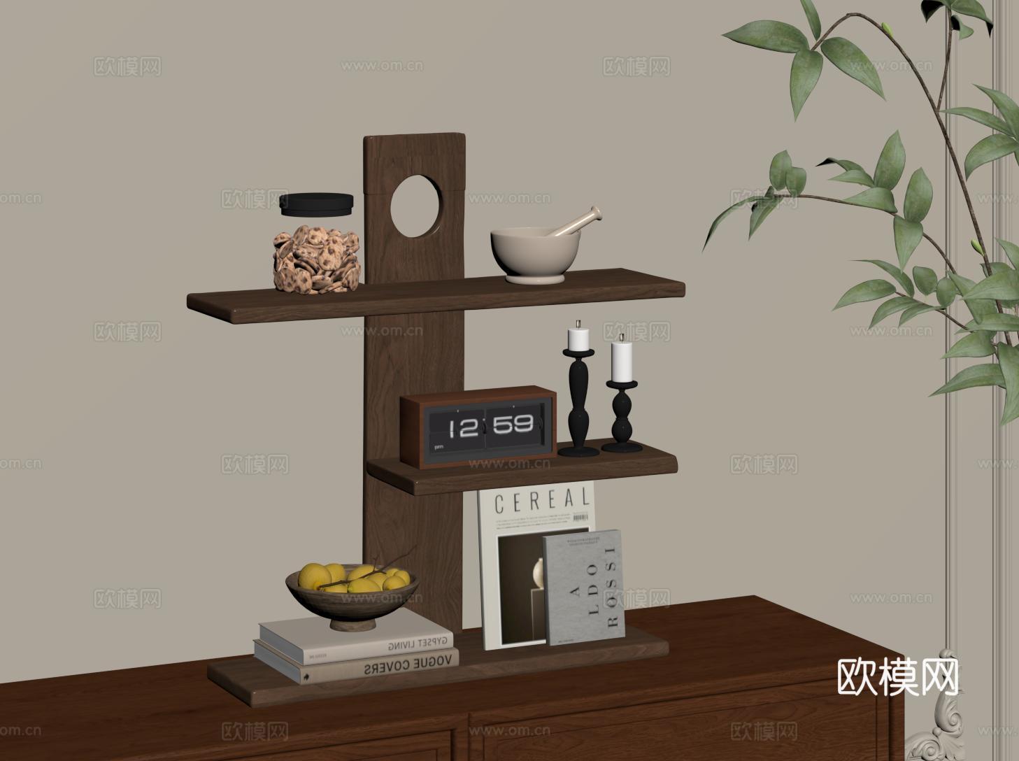 中古置物架 侘寂收纳架 装饰架 三层展示架 杯架su模型