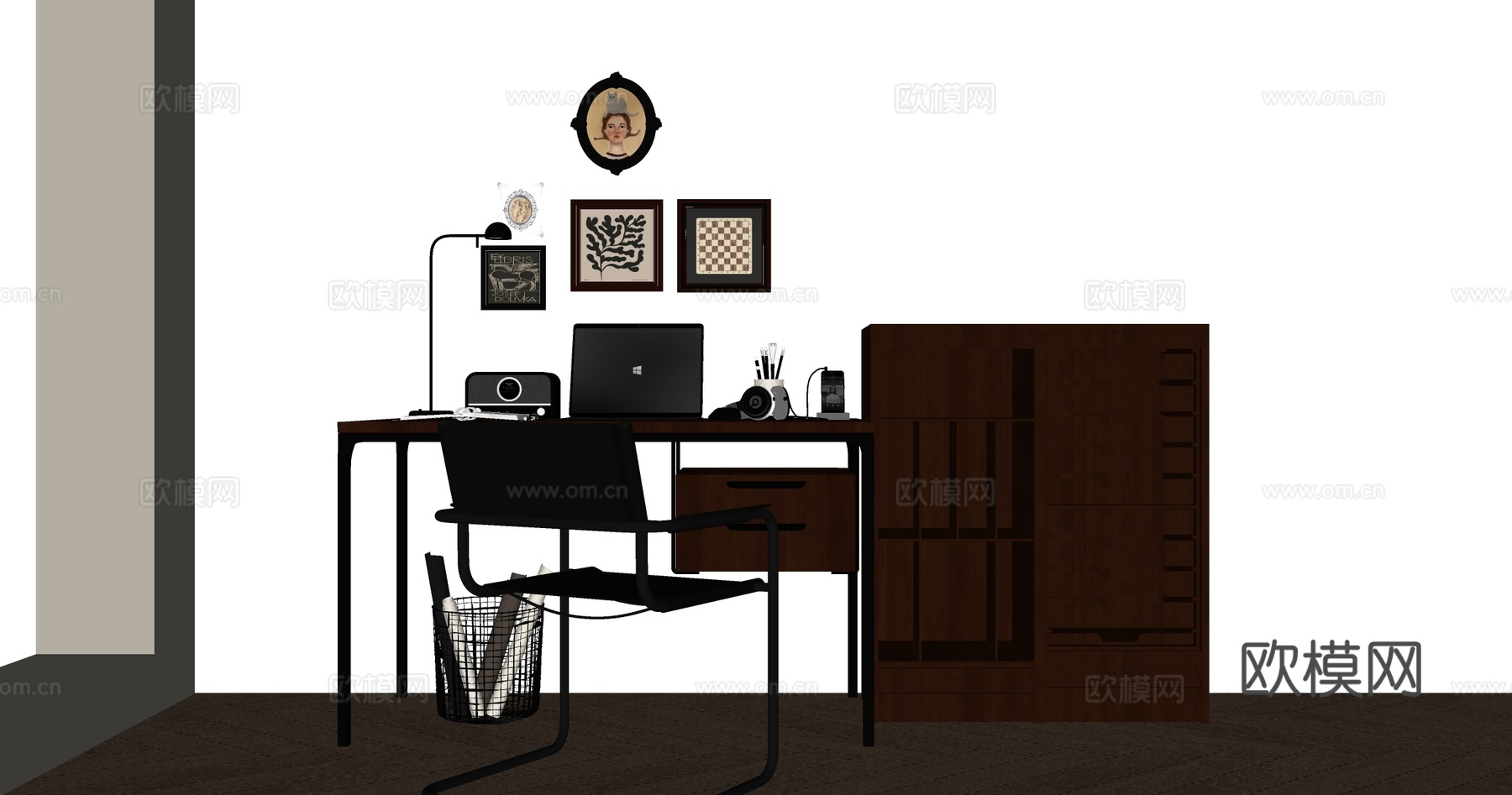 美式书桌椅组合 摆件组合 书桌 椅子 书柜su模型