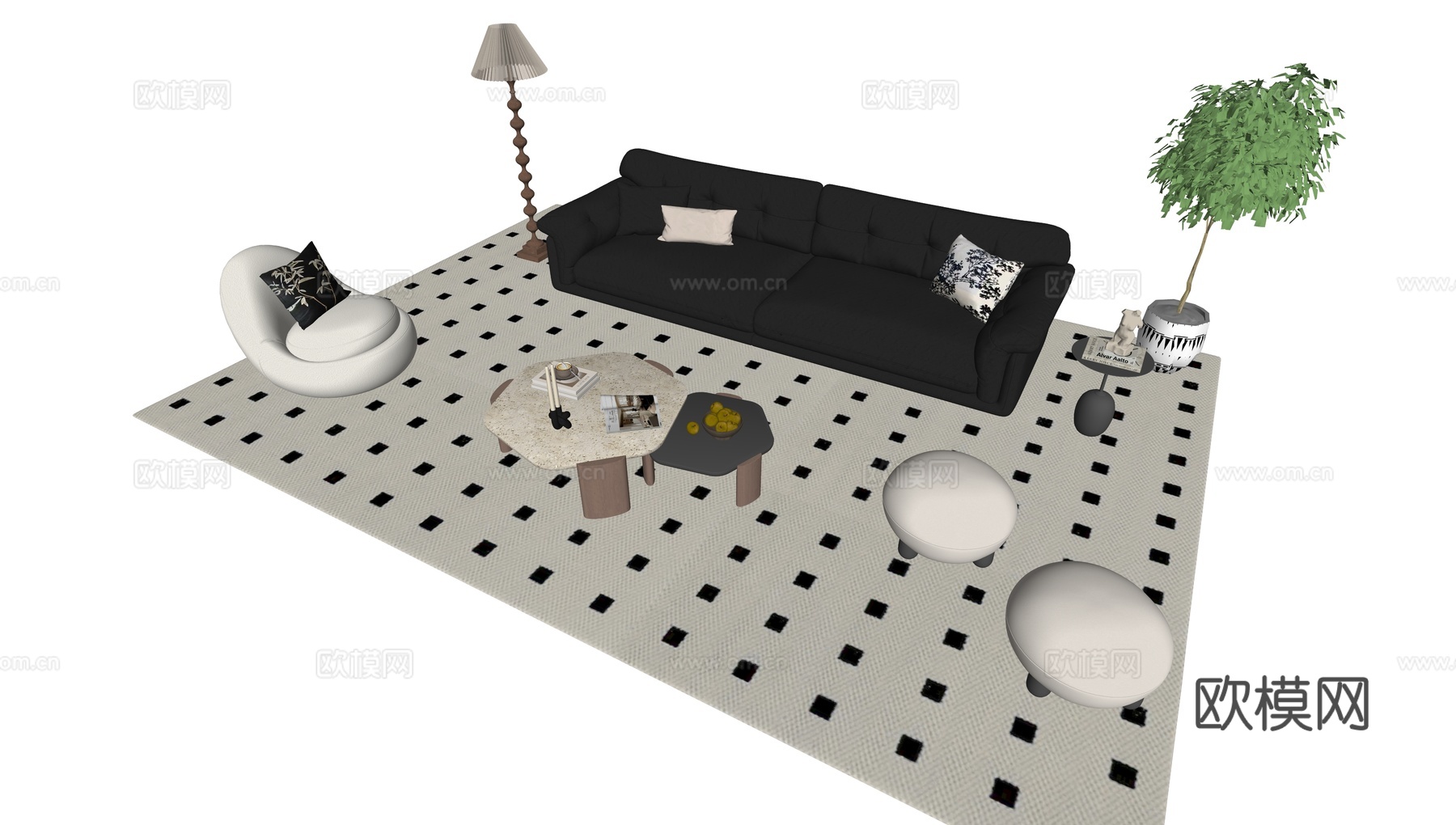 法式中古沙发组合_法式沙发茶几_中古风沙发茶几_皮质沙发su模型