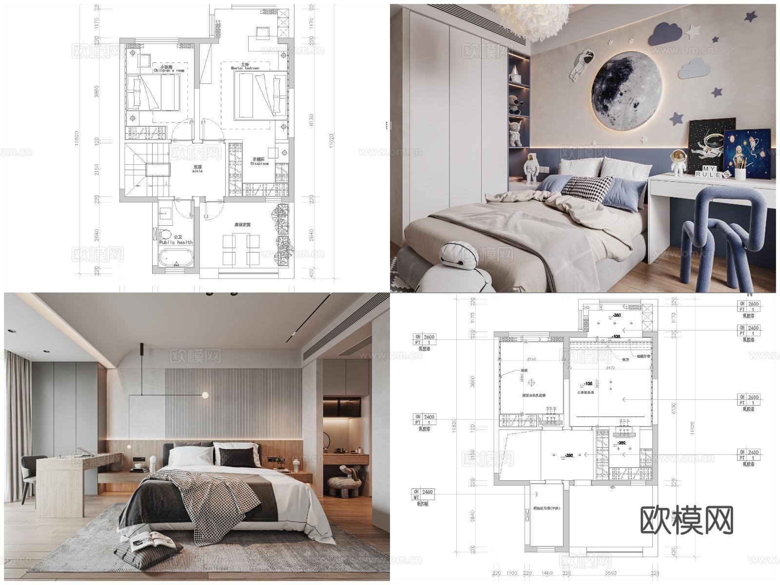 2套轻奢样板间 最新全套 效果图 施工图设计cad施工图