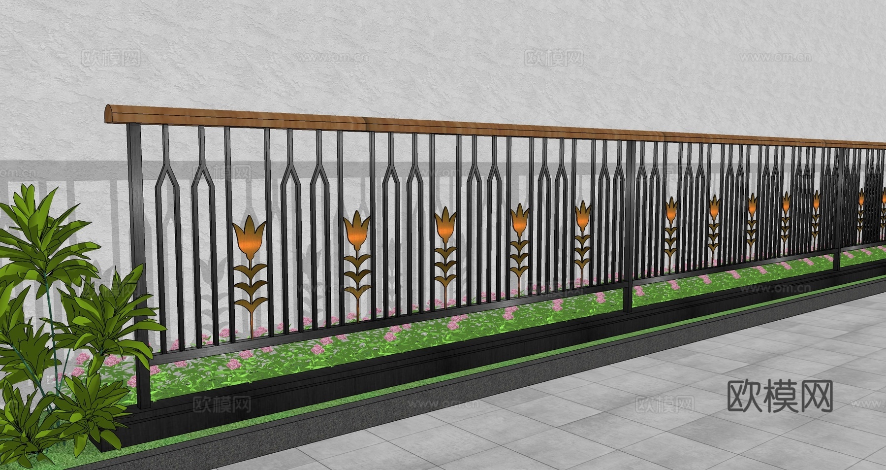 现代围栏花卉不锈钢护栏扶手植物铁艺镂空景观栏杆户外花朵创意栅su模型