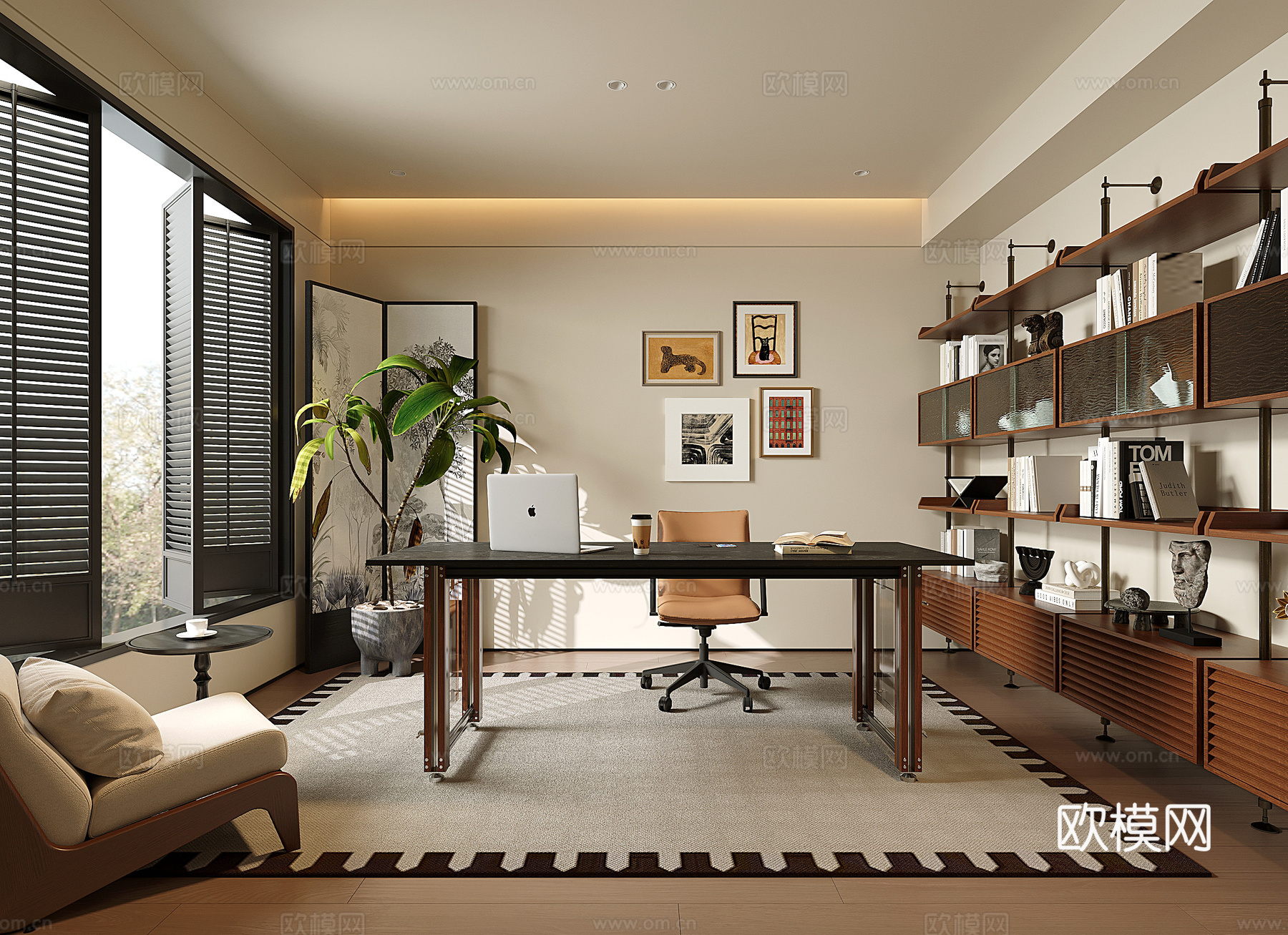 中古现代书房 书柜 书桌椅su模型