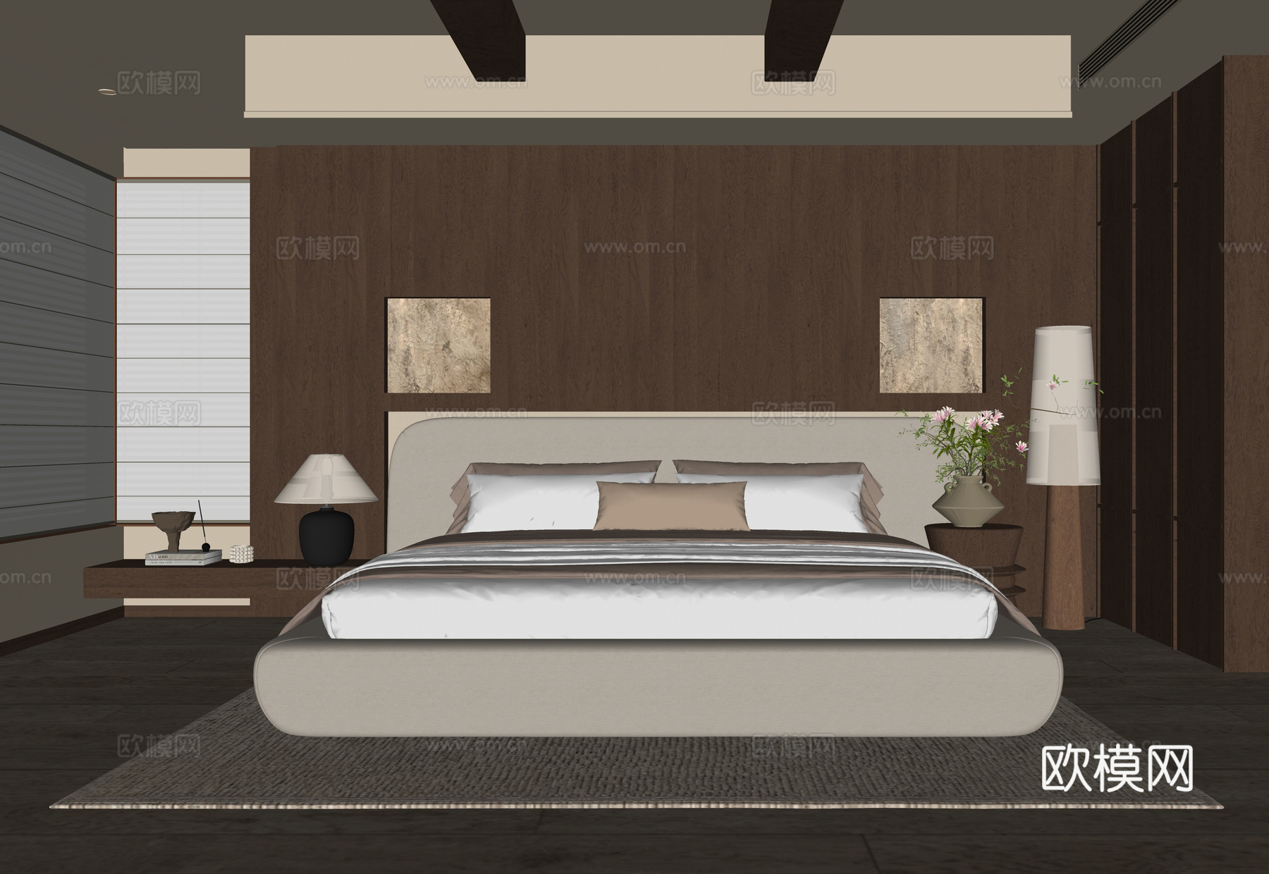 现代卧室 双人床su模型