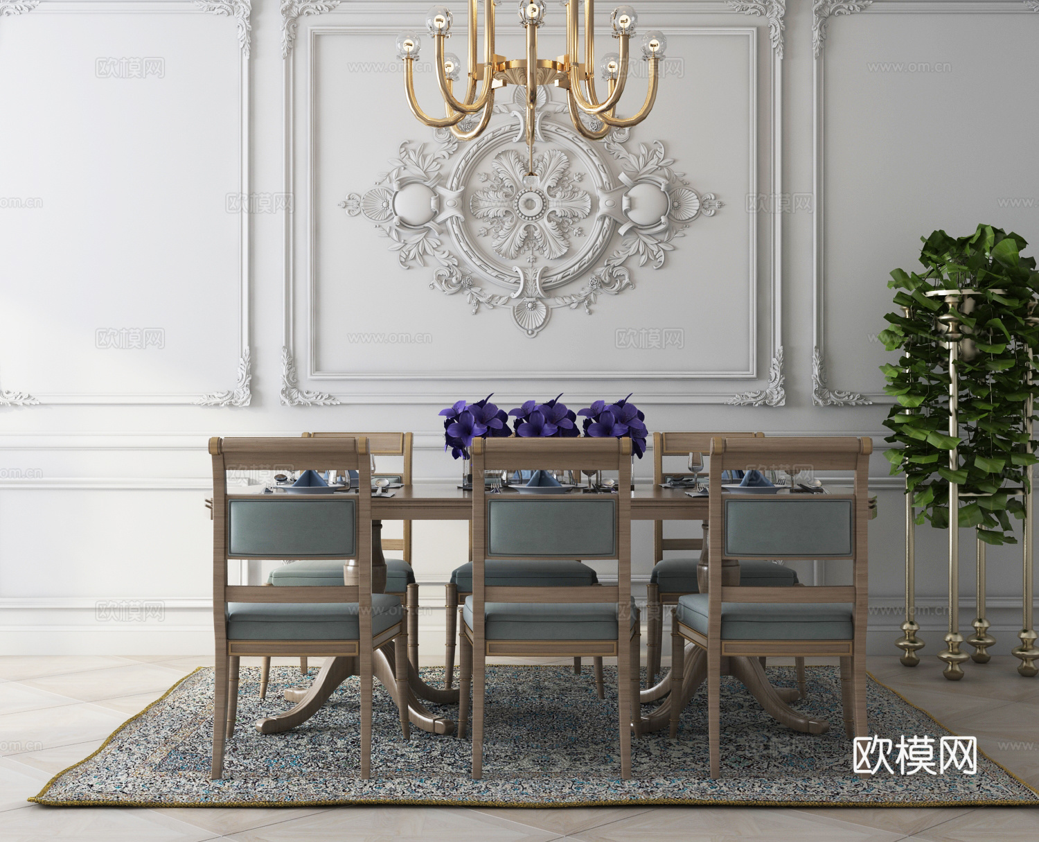 欧式餐桌餐椅 餐具 墙饰 雕花 灯具 盆栽组合3d模型下载（渲染图3）