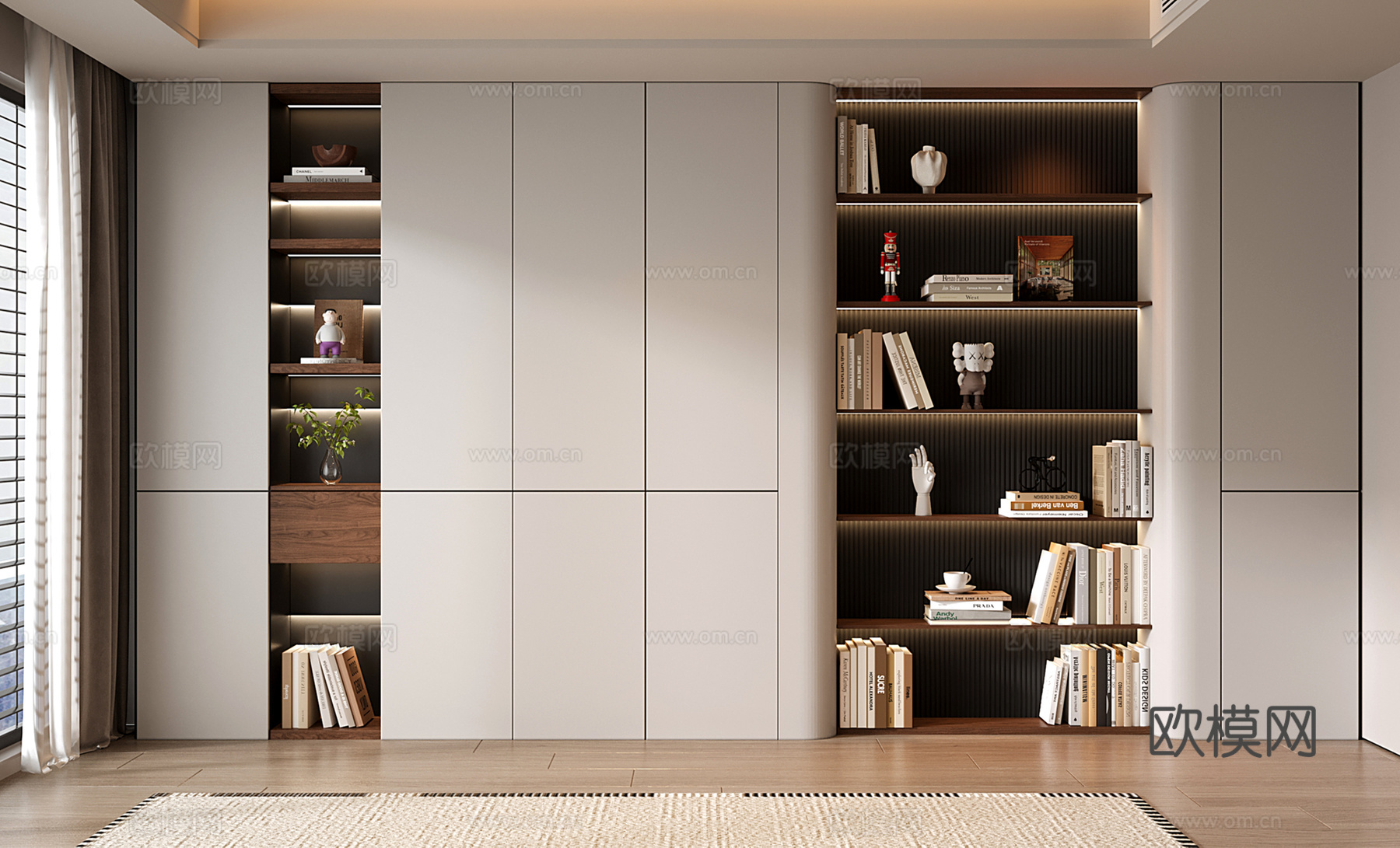 现代定制书柜 圆弧开放格书柜su模型