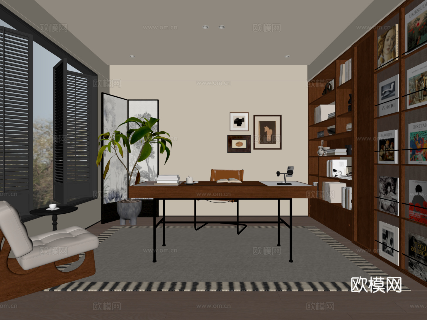 中古现代书房 书柜 装饰置物架 书桌椅 休闲椅su模型