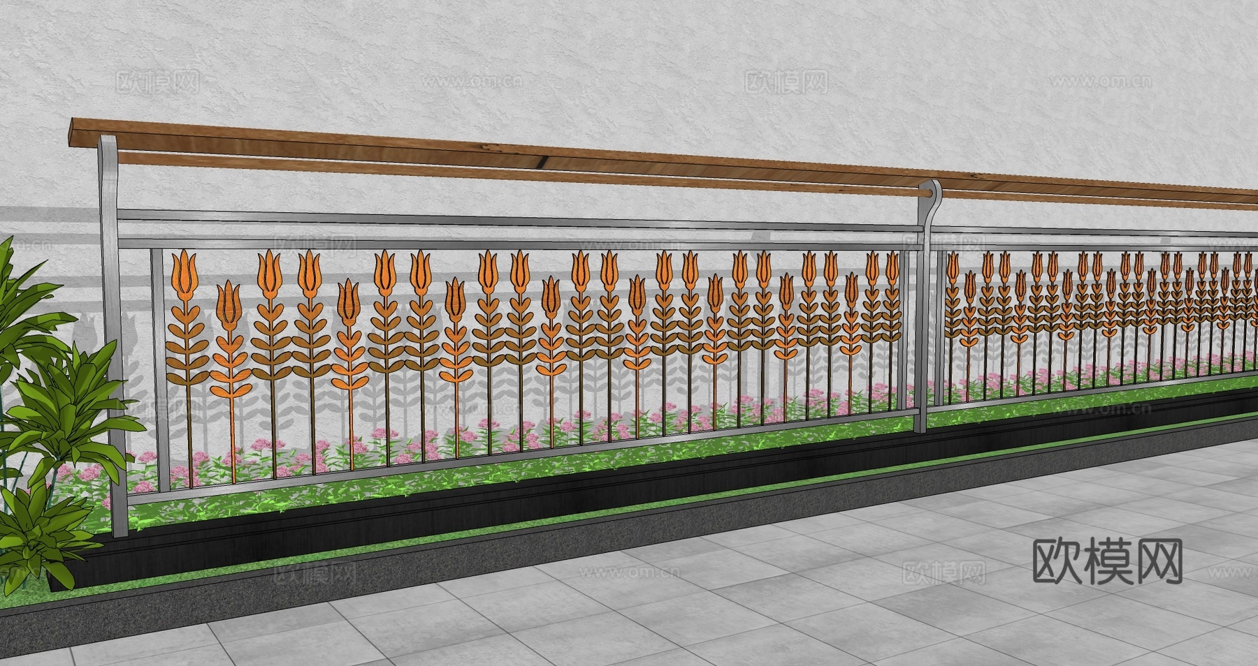现代围栏花卉不锈钢护栏扶手植物铁艺镂空景观栏杆户外花朵创意栅su模型
