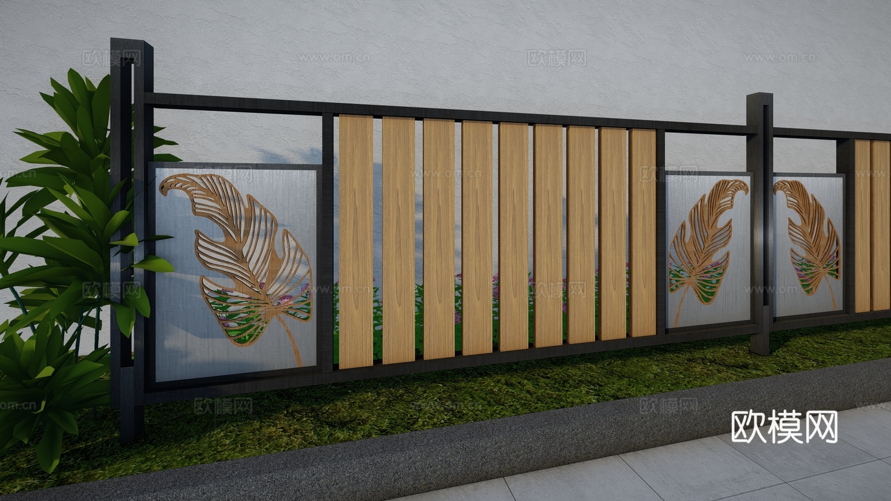 现代围栏花卉不锈钢护栏扶手植物铁艺镂空户外阳台创意金属栏杆su模型