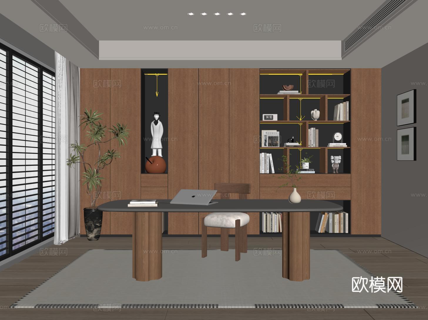 中古现代书房 书柜 书桌椅su模型