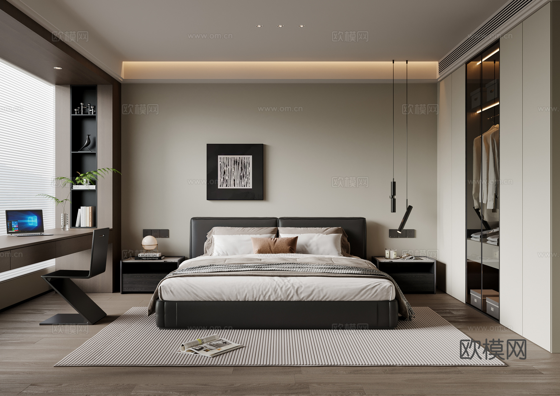 现代简约卧室 皮质双人床 床头柜 吊灯 挂画 书桌椅 地毯su模型