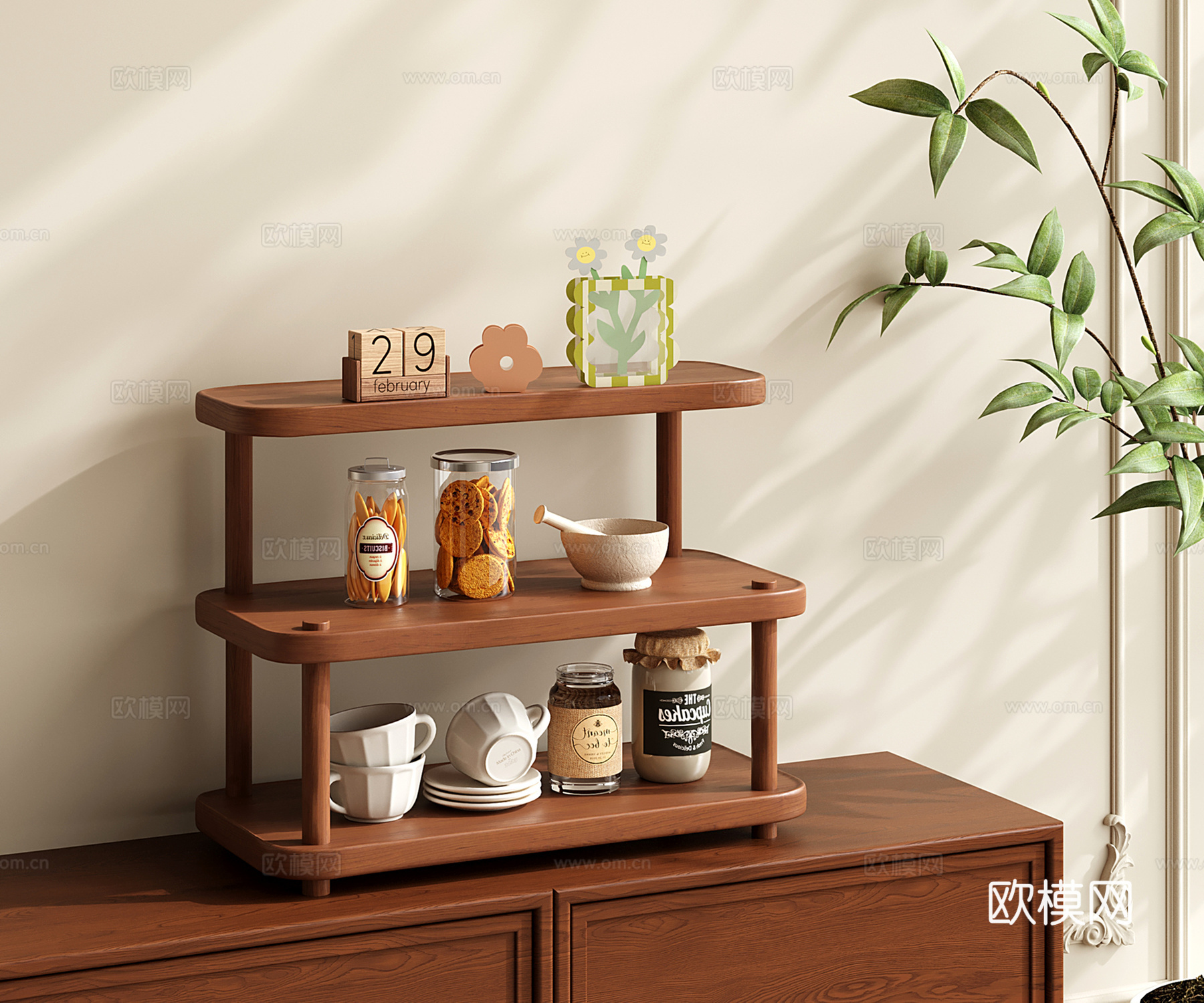 现代置物架 中古收纳架 装饰架 三层展示架 杯架su模型