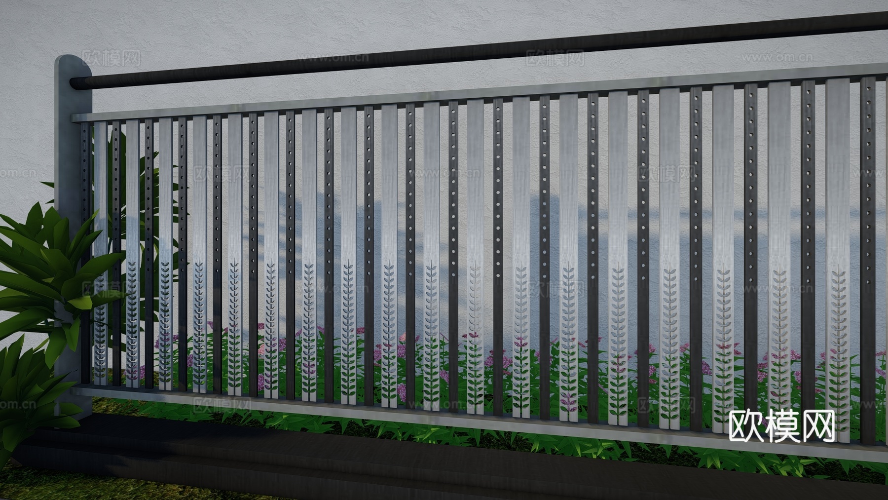 现代围栏花卉不锈钢护栏扶手植物铁艺镂空景观栏杆户外花朵创意栅su模型
