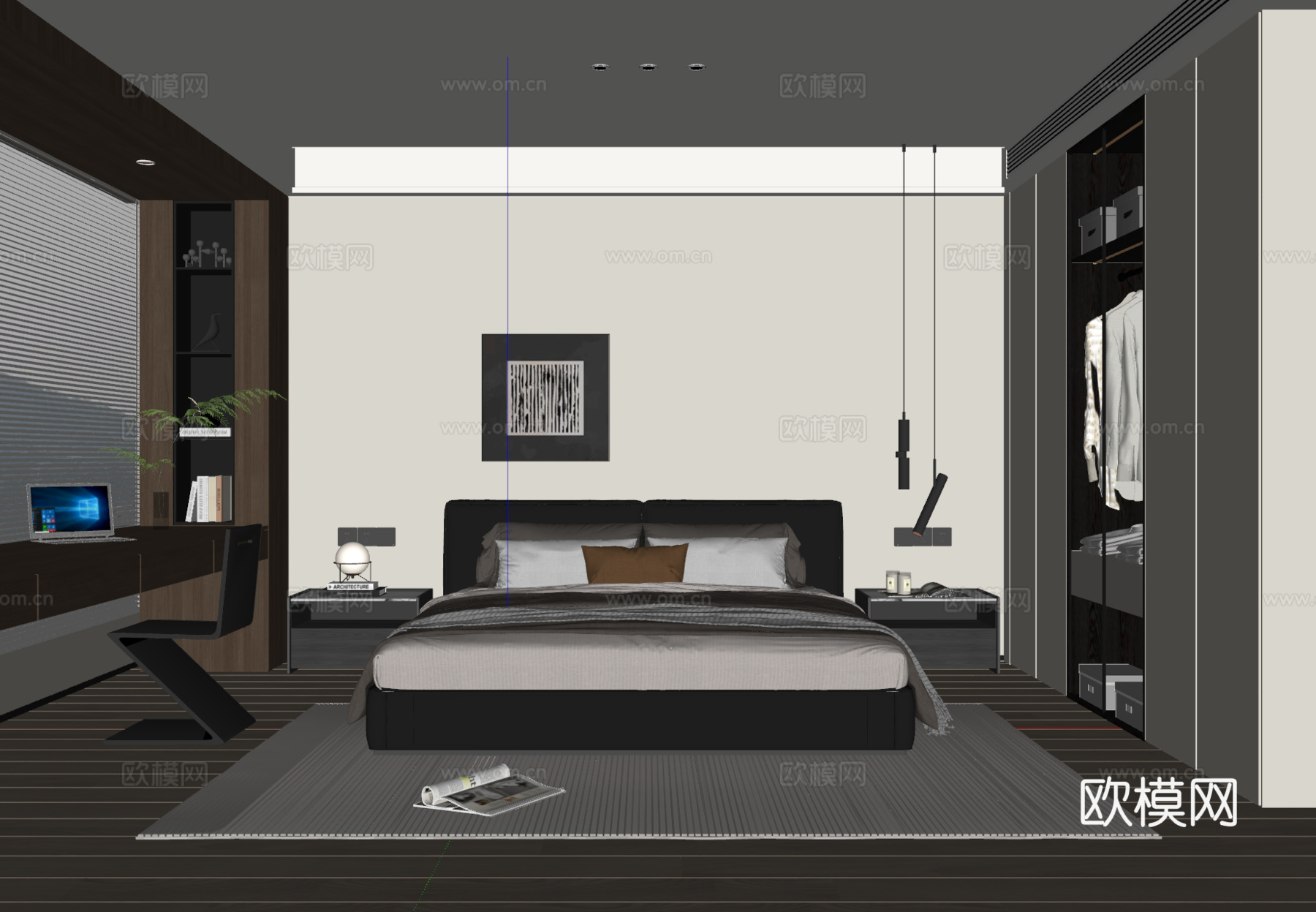 现代简约卧室 皮质双人床 床头柜 吊灯 挂画 书桌椅 地毯su模型