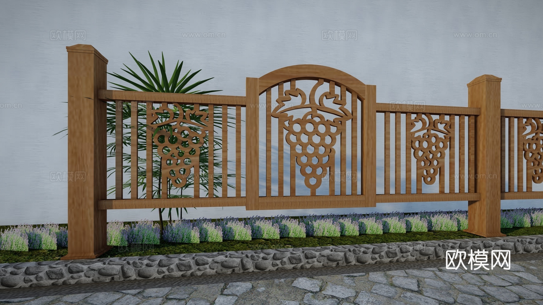 现代生态户外蔬果田园木质葡萄栏杆围栏护栏彩色水果创意栅栏葡萄su模型