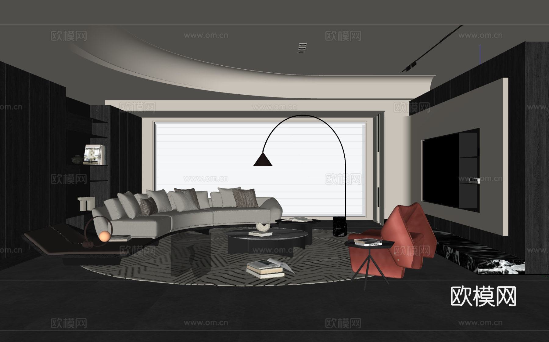 现代简约客厅 沙发茶几 弧形沙发 电视背景墙 装饰柜 落地灯su模型