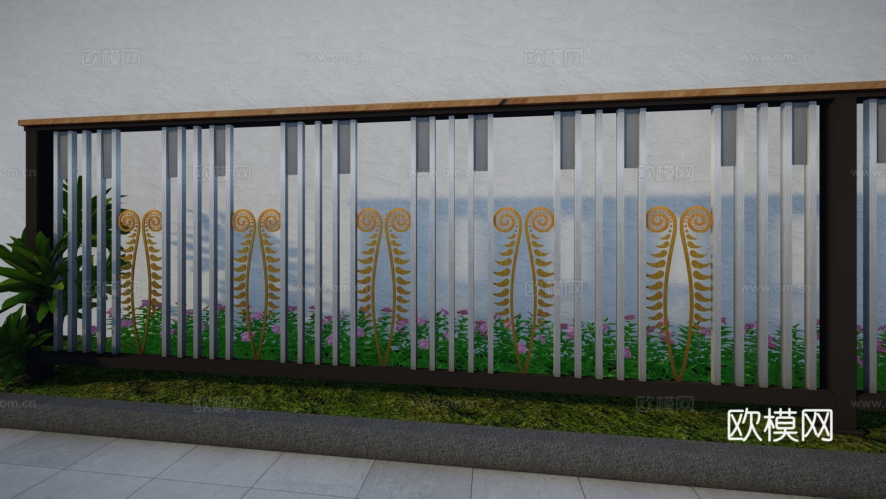 现代围栏花卉不锈钢护栏扶手植物铁艺镂空景观栏杆户外花朵创意栅su模型