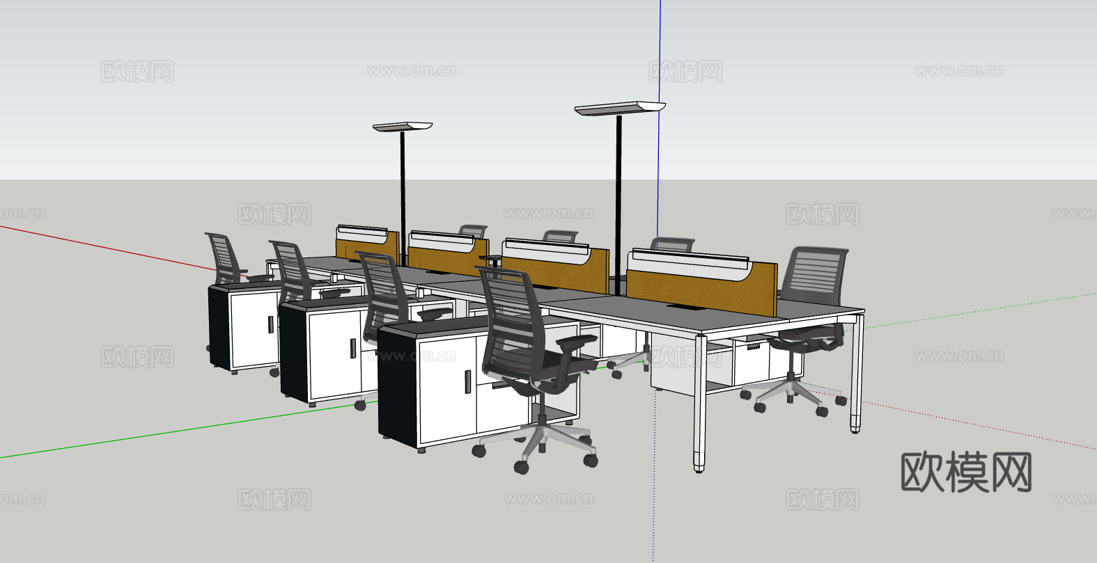 现代风格办公室办公工位组合su模型