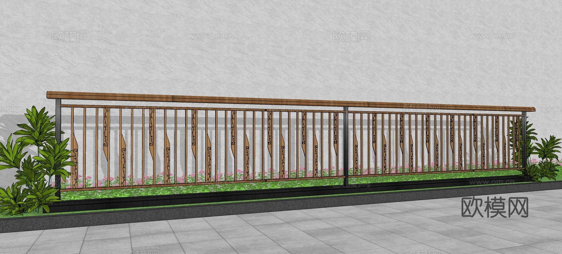 现代围栏花卉不锈钢护栏扶手植物铁艺镂空户外阳台创意金属栏杆su模型