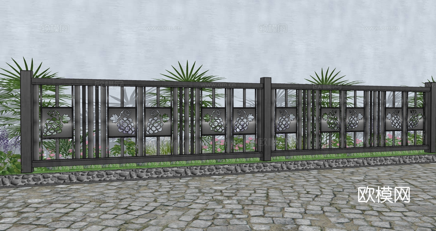 现代生态户外蔬果田园木质葡萄栏杆围栏护栏彩色水果创意栅栏葡萄su模型