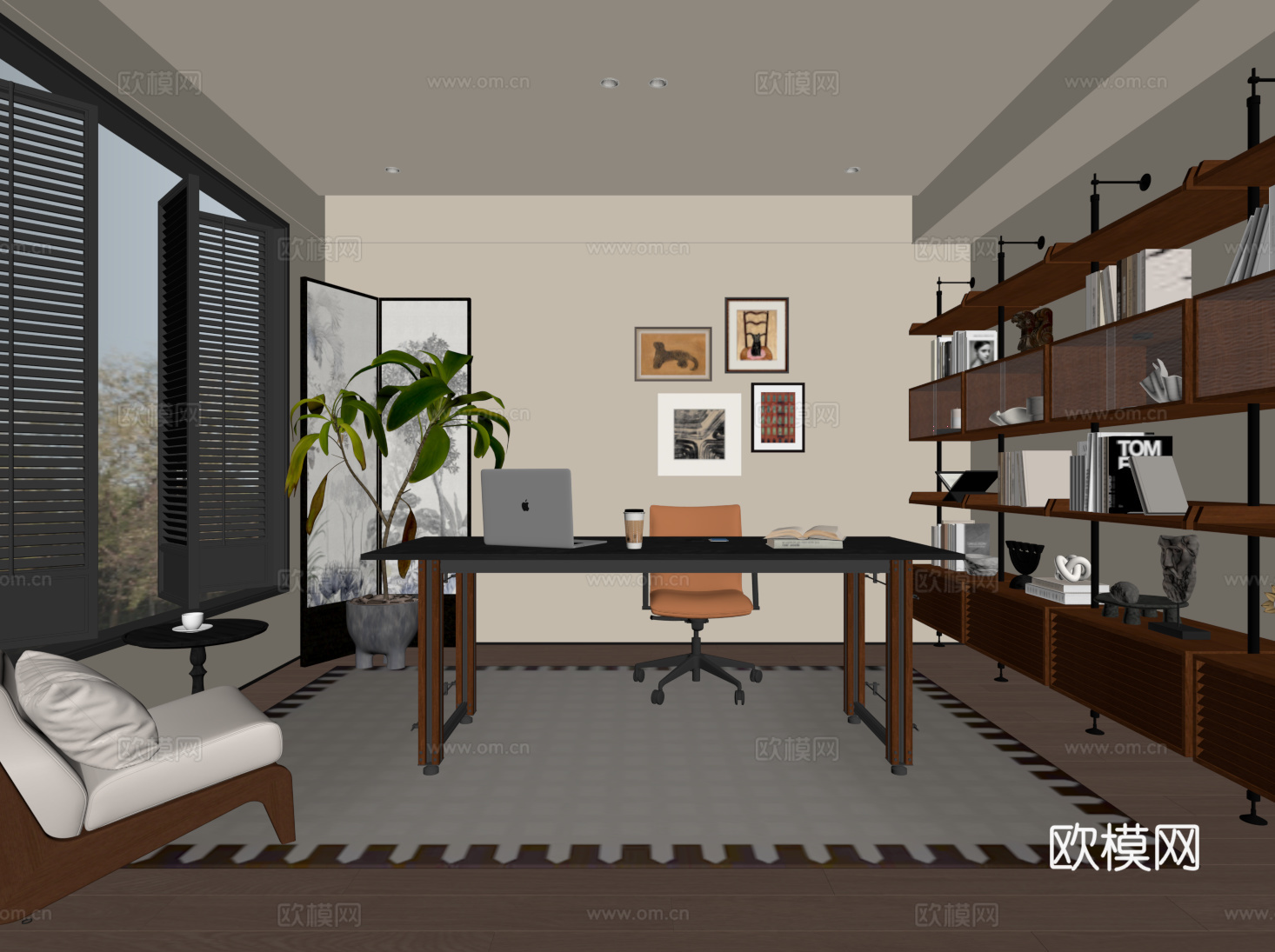 中古现代书房 书柜 书桌椅su模型