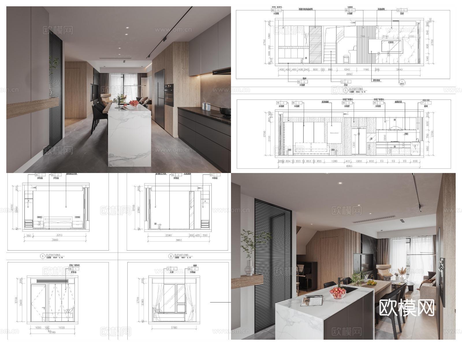 2套轻奢样板间 最新全套 效果图 施工图设计cad施工图