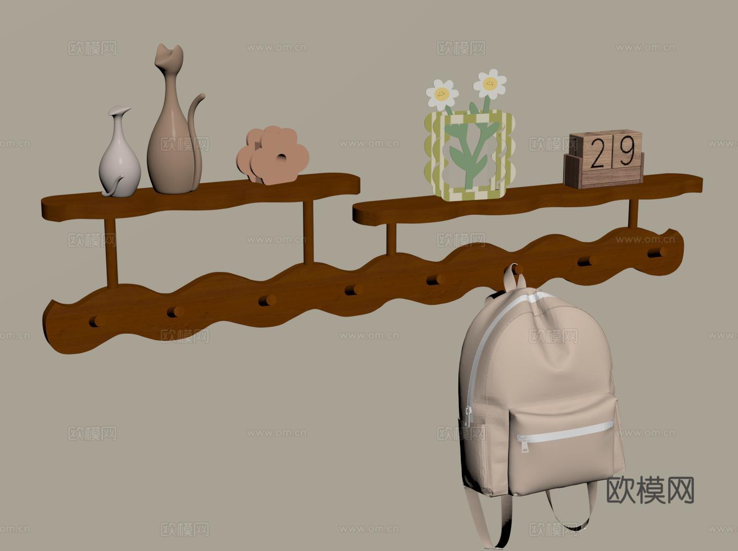 法式挂衣钩 壁挂衣帽架 复古挂衣架 收纳置物架 实木挂钩su模型