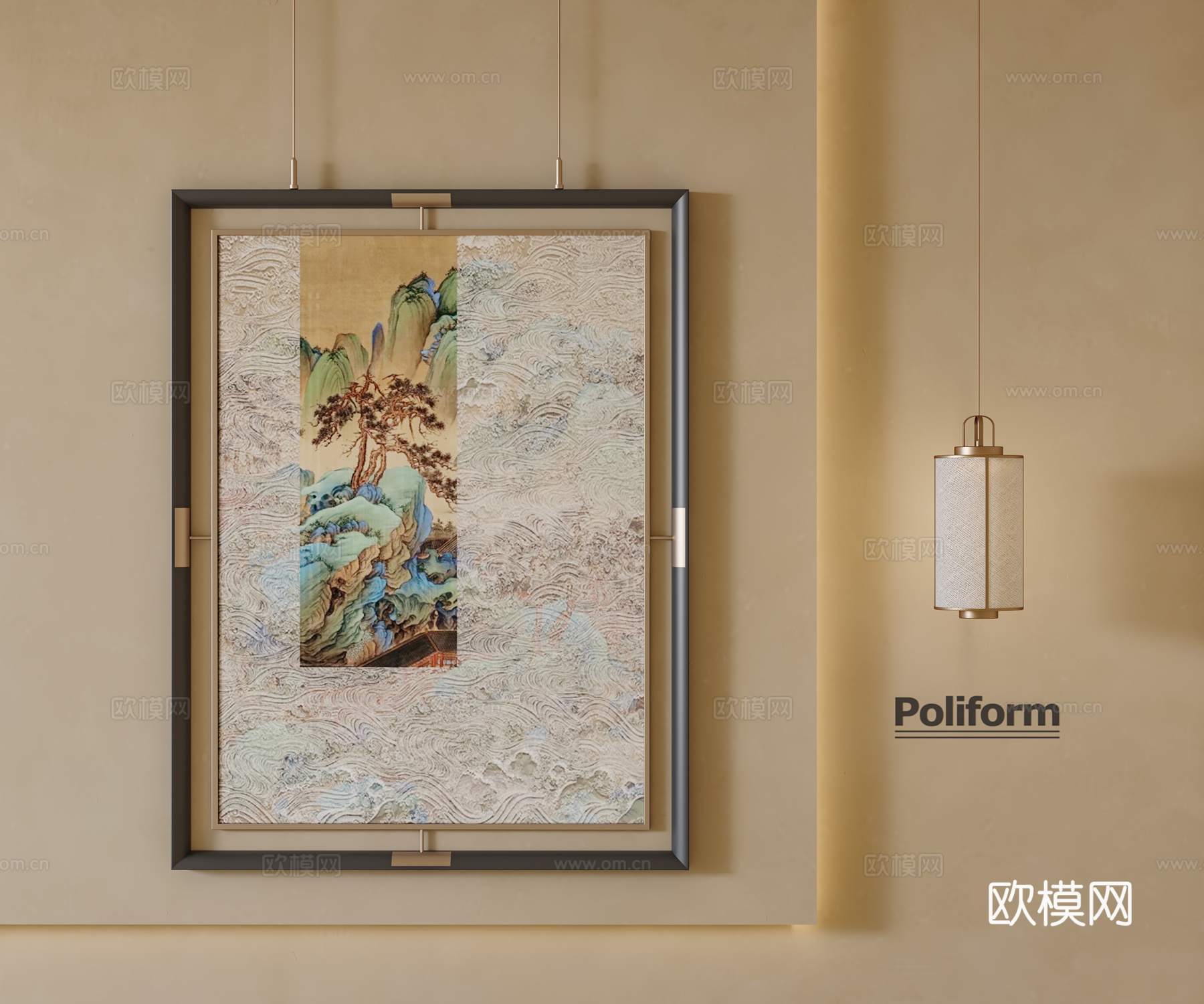 新中式挂画 装饰画 客厅挂画 玄关挂画 书房挂画 吊灯3d模型下载