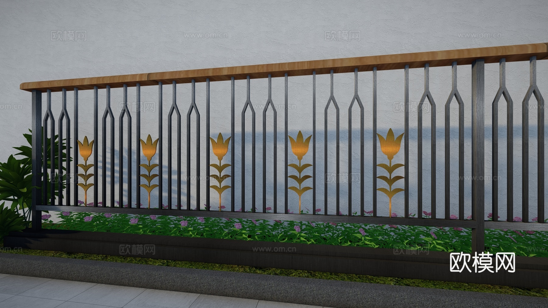 现代围栏花卉不锈钢护栏扶手植物铁艺镂空景观栏杆户外花朵创意栅su模型