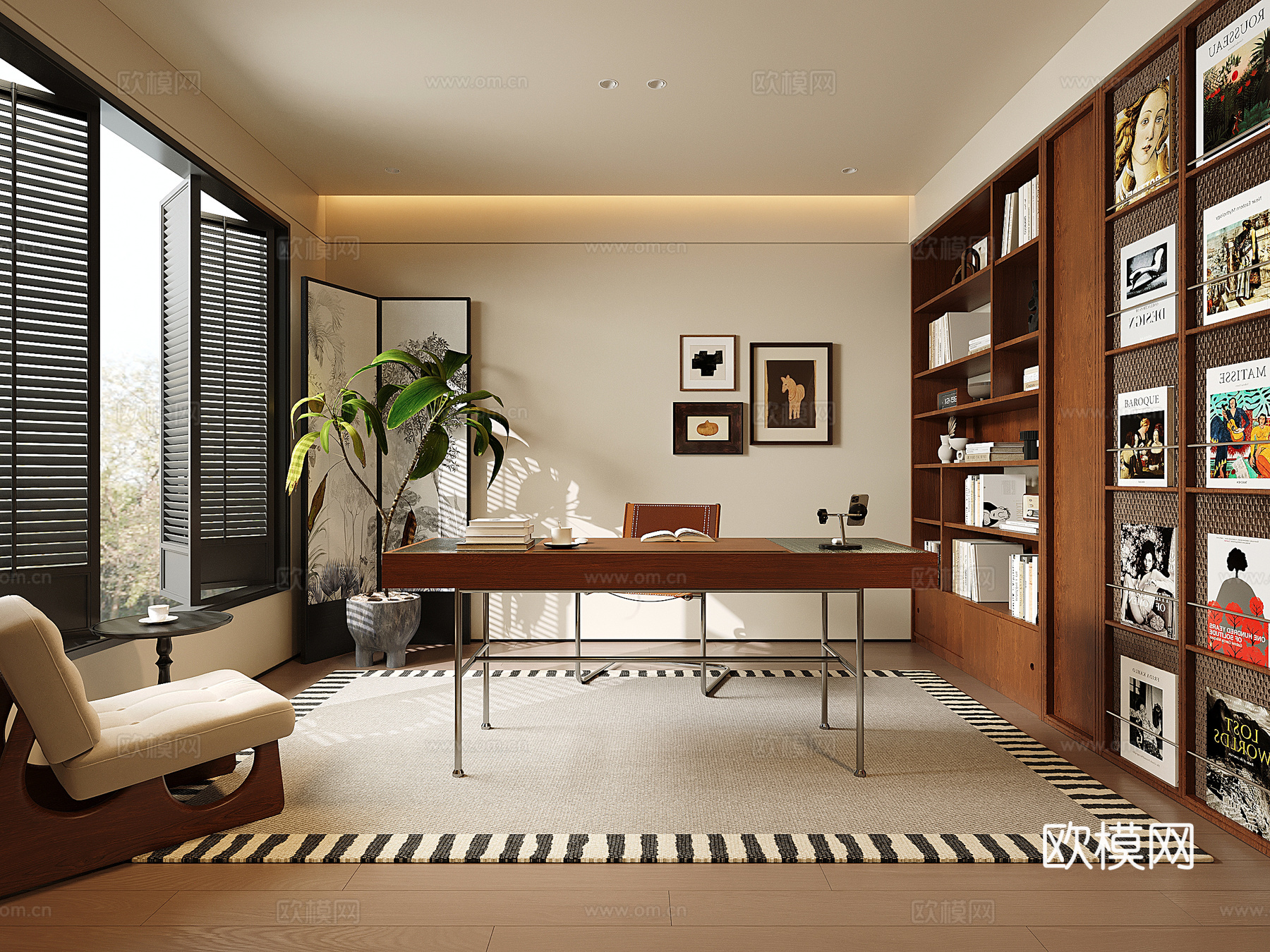 中古现代书房 书柜 装饰置物架 书桌椅 休闲椅3d模型下载