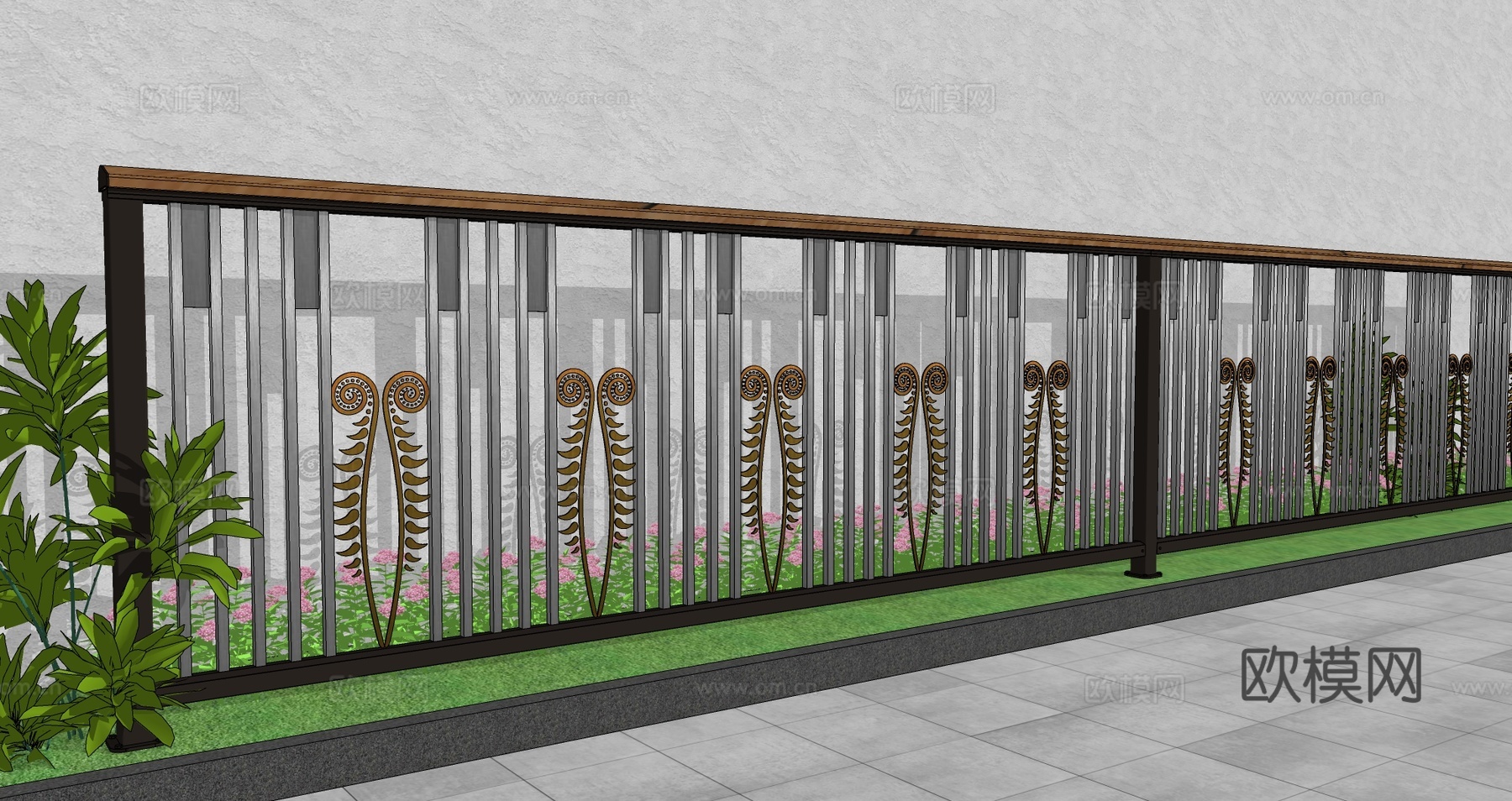 现代围栏花卉不锈钢护栏扶手植物铁艺镂空景观栏杆户外花朵创意栅su模型