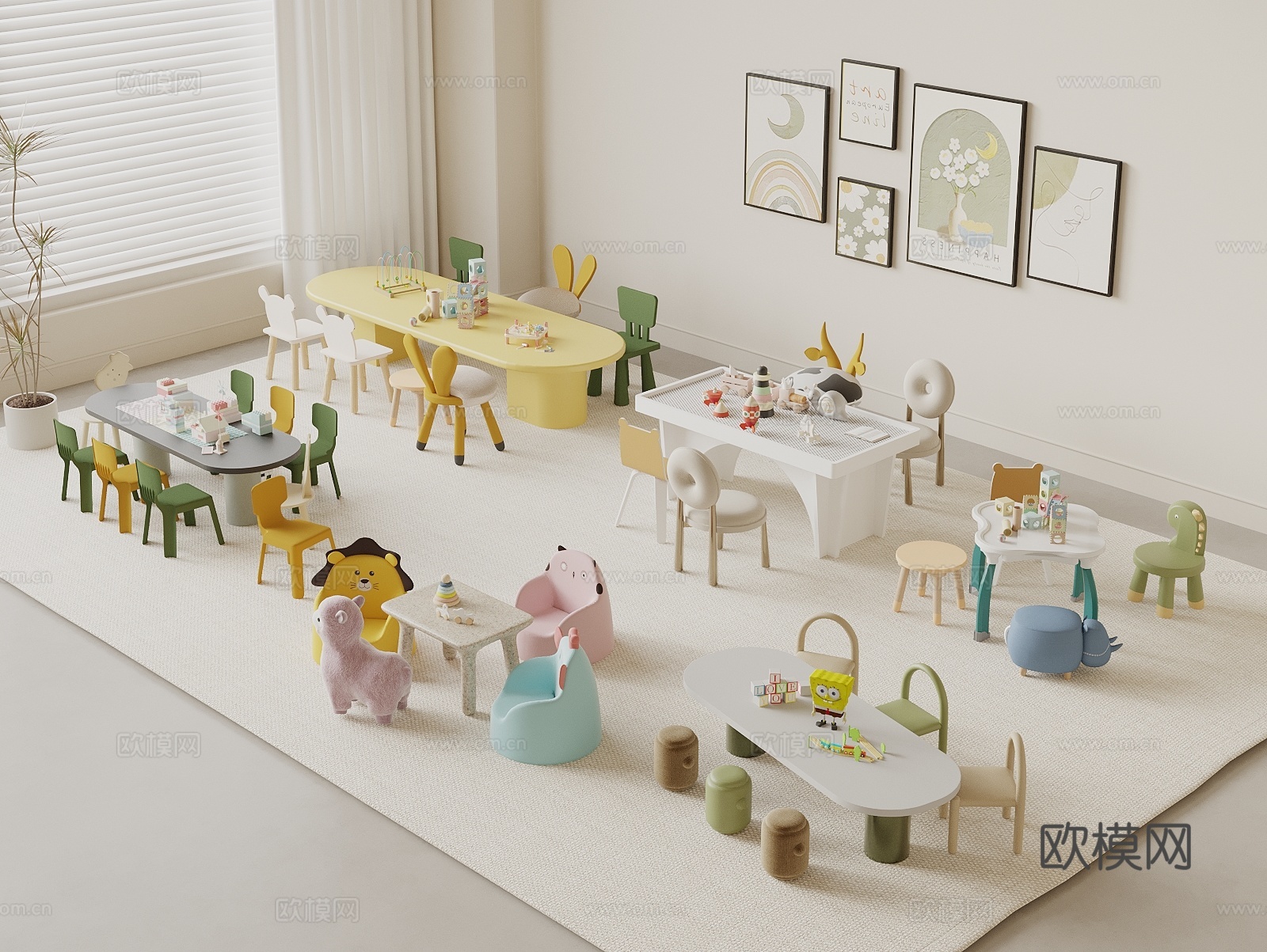 儿童娱乐室 儿童休闲桌椅 游戏桌椅 儿童椅子 儿童学习桌椅3d模型下载