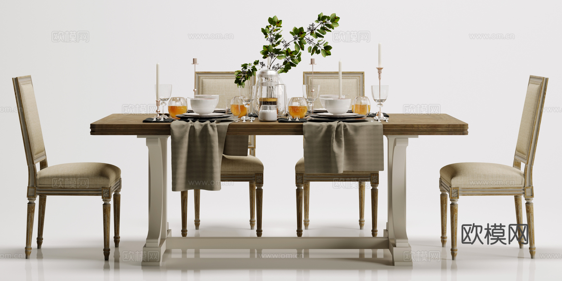 英式田园餐桌 椅子 食物摆件组合3d模型下载（渲染图1）