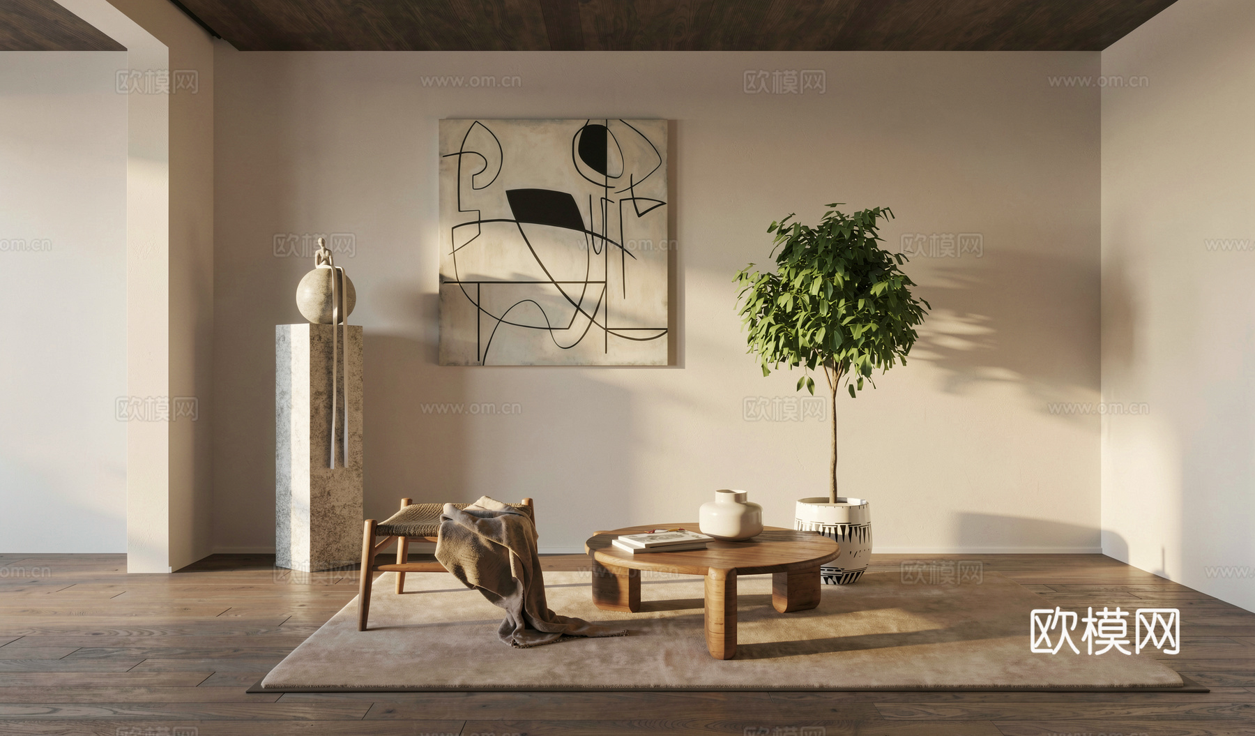 侘寂雕塑_饰品摆件_藤编凳_茶几_雕塑_壁画_凳子su模型