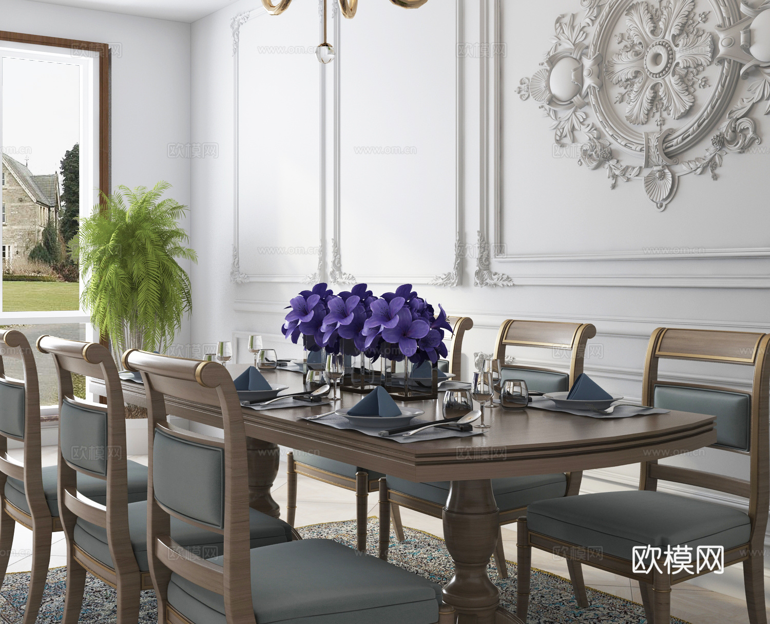 欧式餐桌餐椅 餐具 墙饰 雕花 灯具 盆栽组合3d模型下载（渲染图2）
