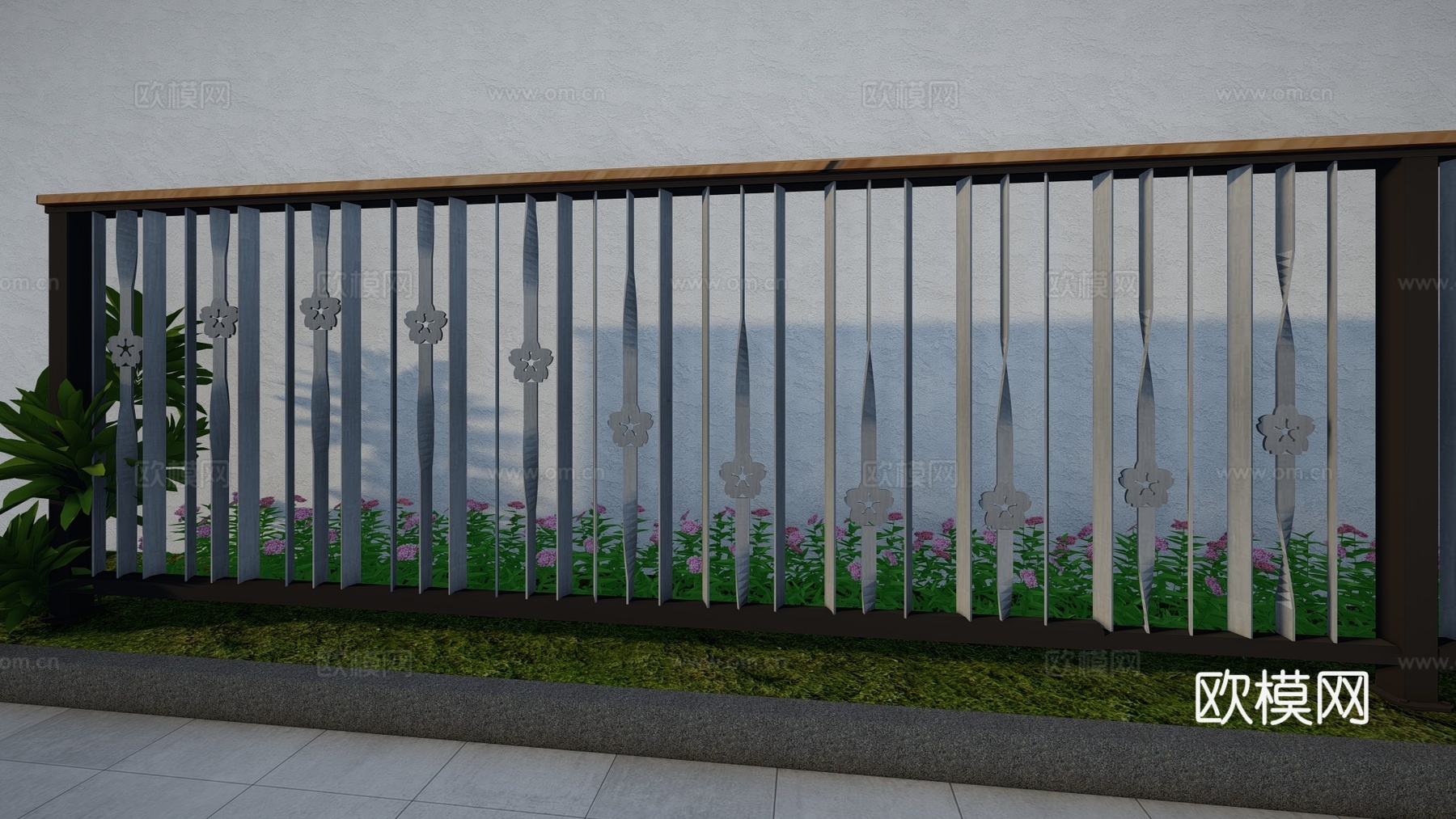 现代围栏花卉不锈钢护栏扶手植物铁艺镂空户外阳台创意金属栏杆su模型